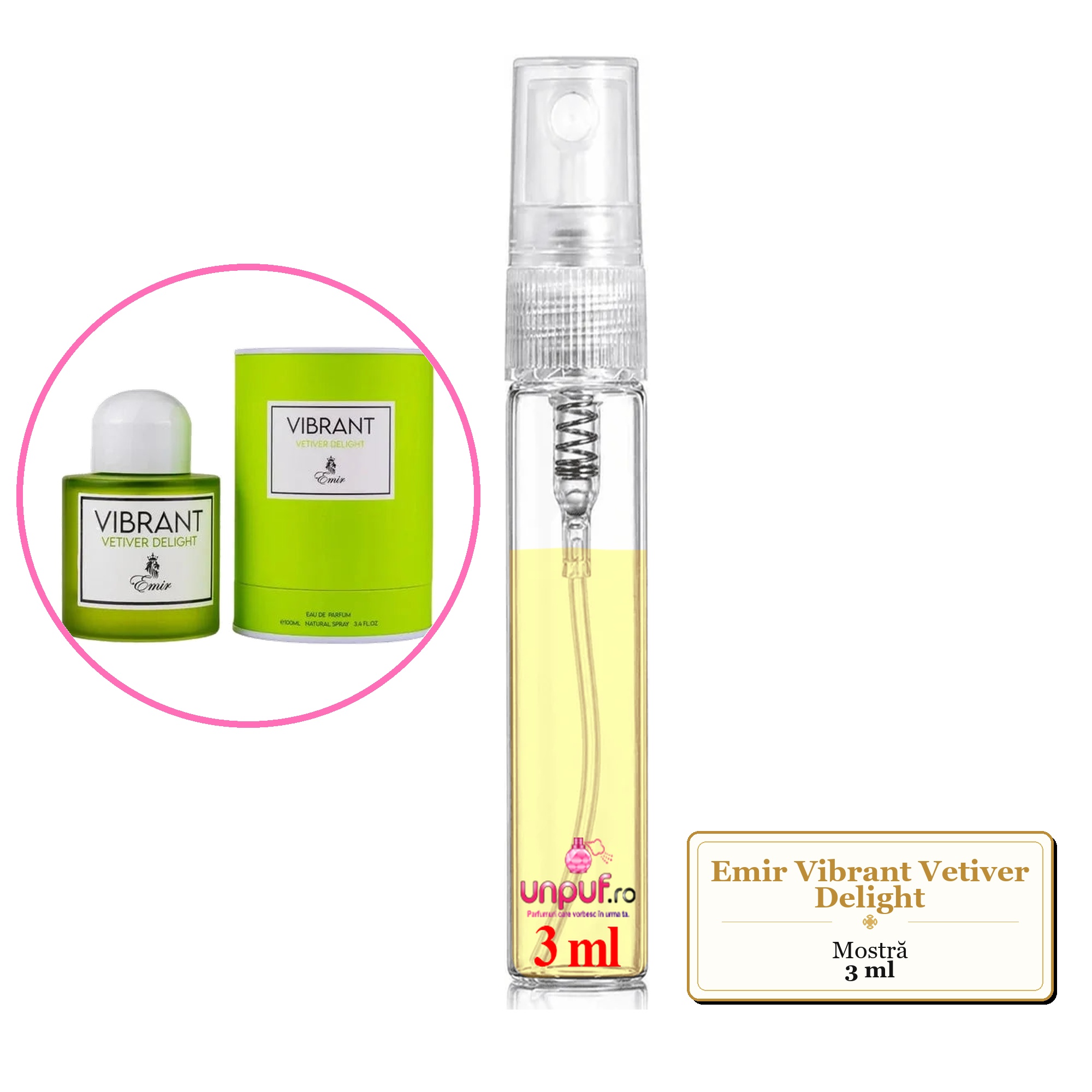 Mostra fiola din Parfumul Emir Vibrant Vetiver Delight, decant sticla cu pulverizator