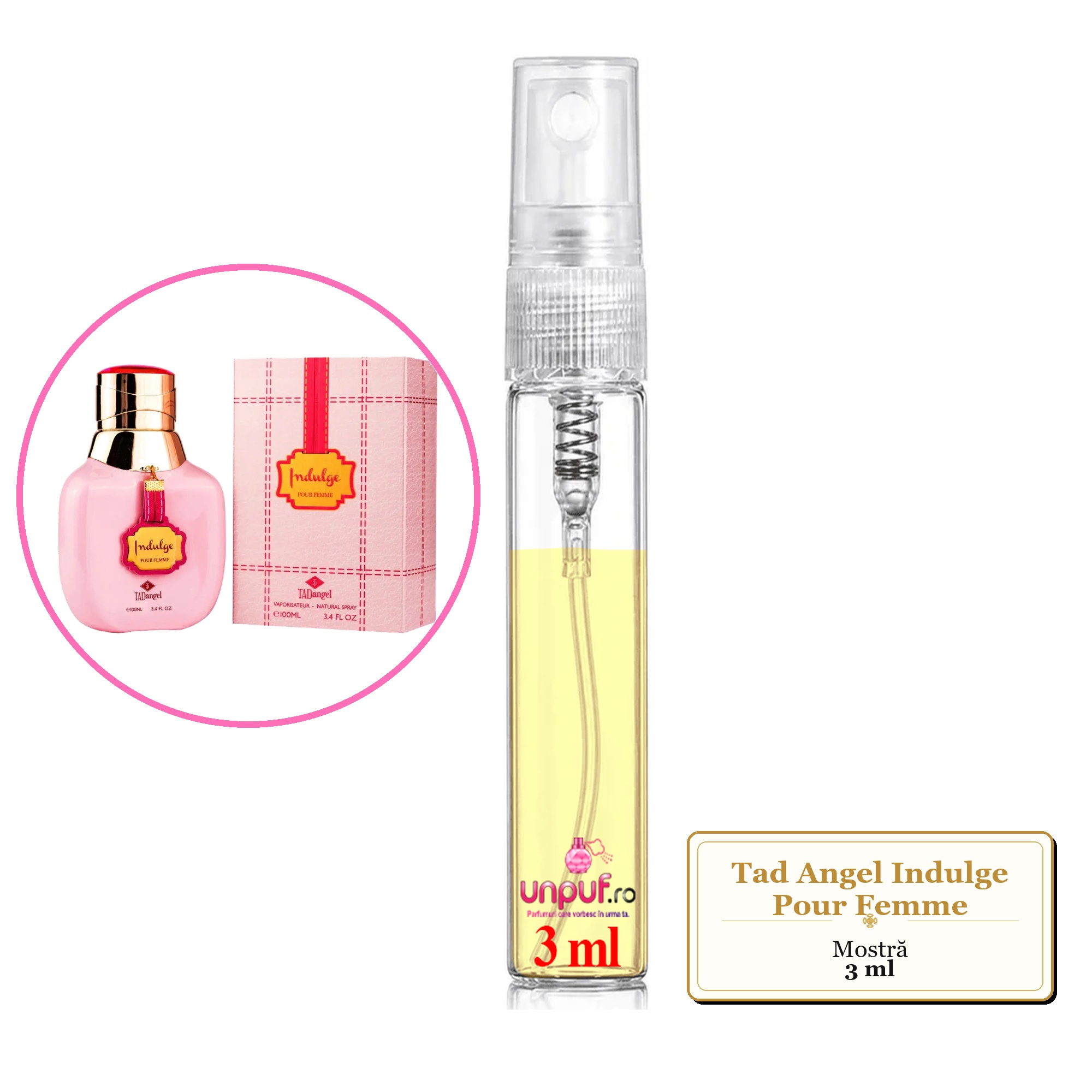 Mostra fiola din Parfumul Tad Angel Indulge Pour Femme, decant sticla cu pulverizator 