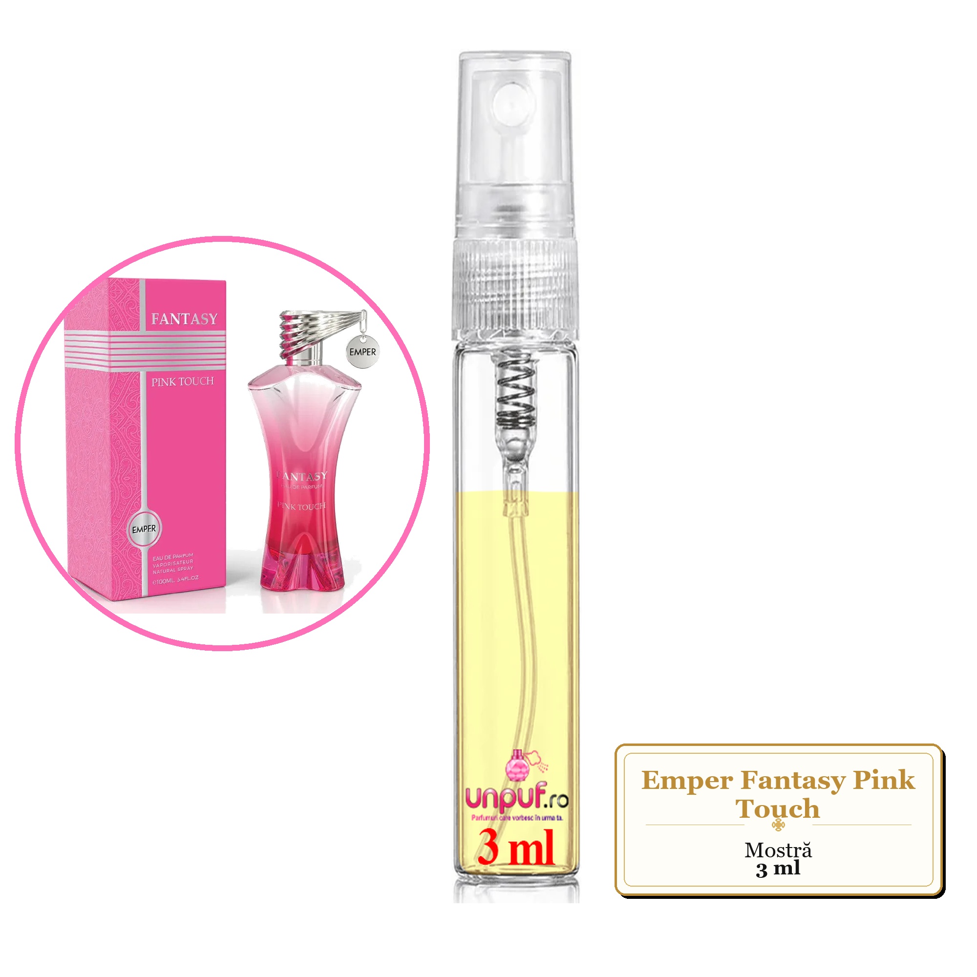Mostra fiola din Parfumul Emper Fantasy Pink Touch, decant sticla cu pulverizator