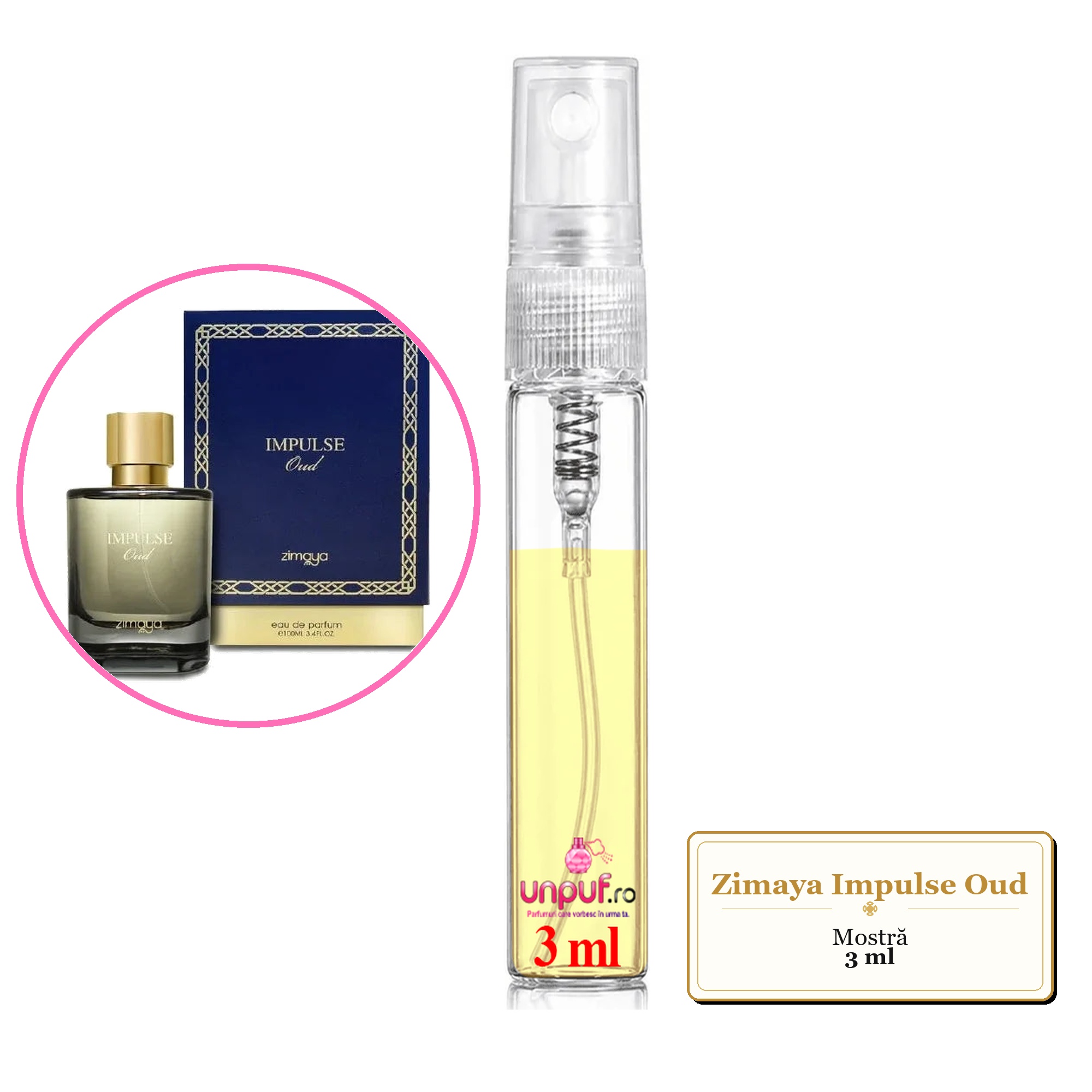 Mostra fiola din Parfumul Zimaya Impulse Oud, decant sticla cu pulverizator 
