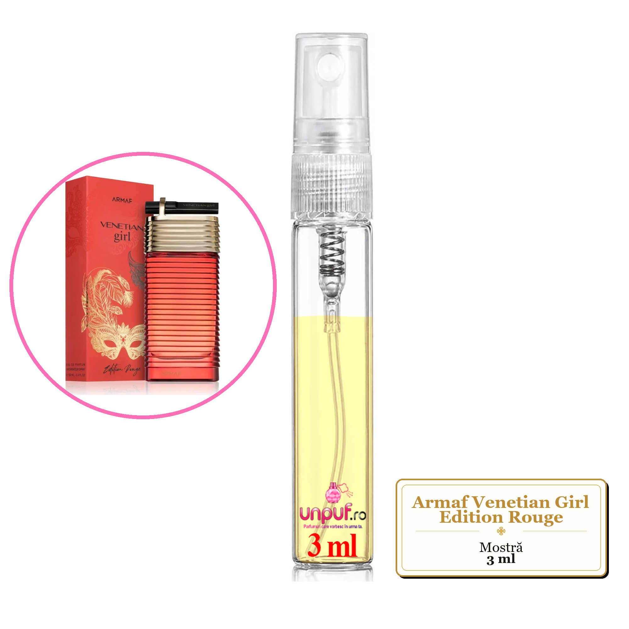 Mostra fiola din Parfumul Armaf Venetian Girl Edition Rouge, decant sticla cu pulverizator 