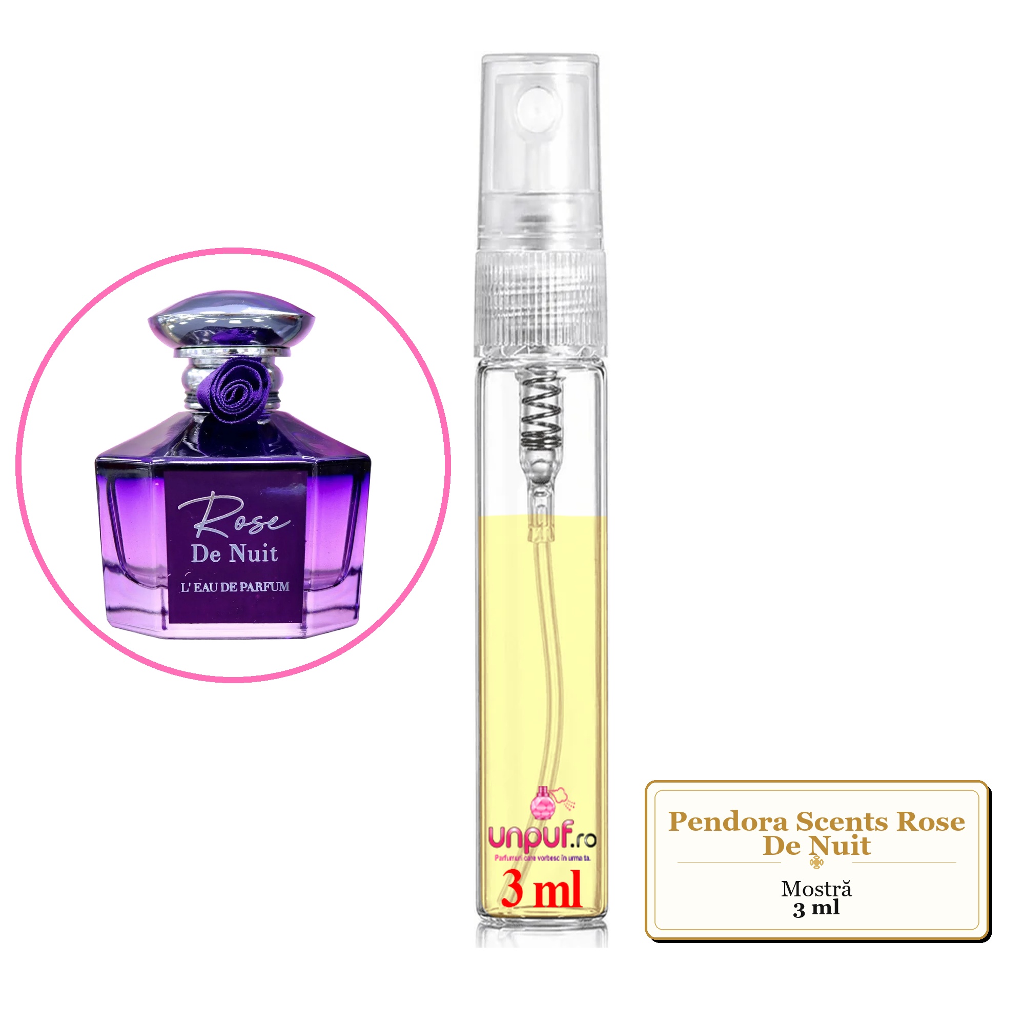 Mostra fiola din Parfumul Pendora Scents Rose De Nuit, decant sticla cu pulverizator
