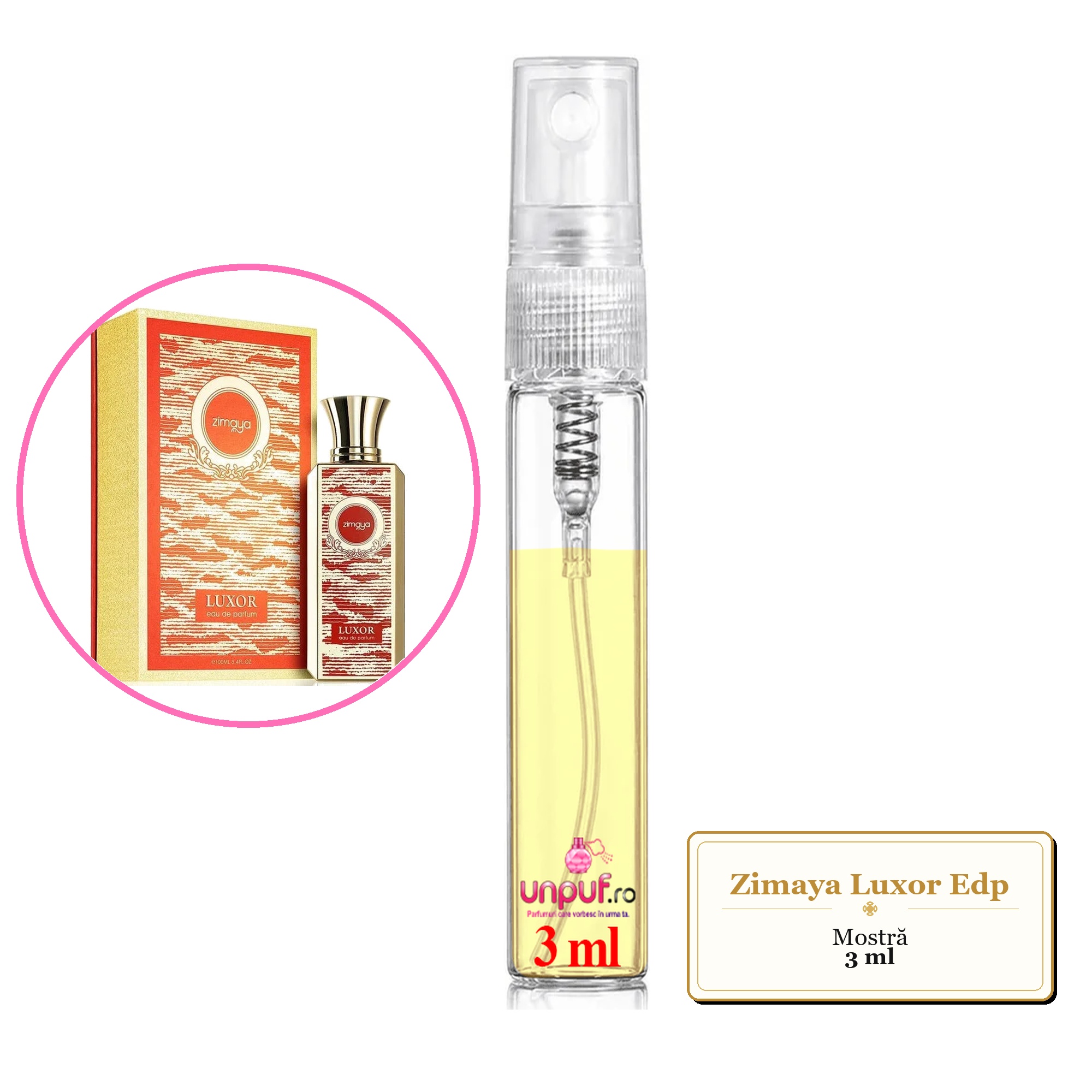 Mostra fiola din Parfumul Zimaya Luxor Edp, decant sticla cu pulverizator 