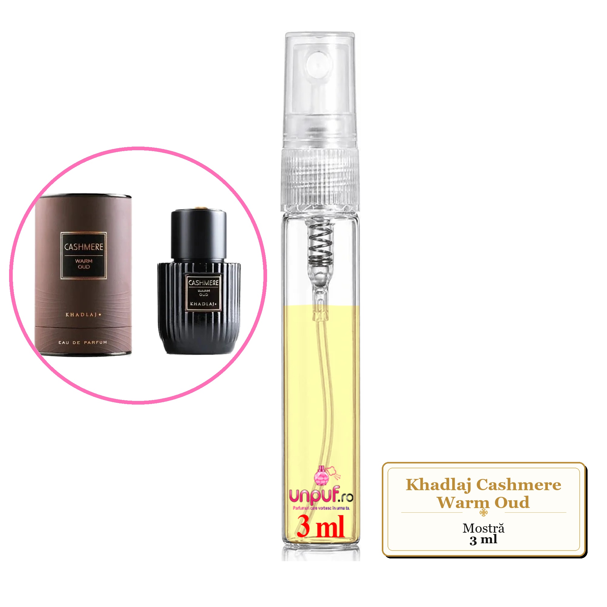 Mostra fiola din Parfumul Khadlaj Cashmere Warm Oud, decant sticla cu pulverizator