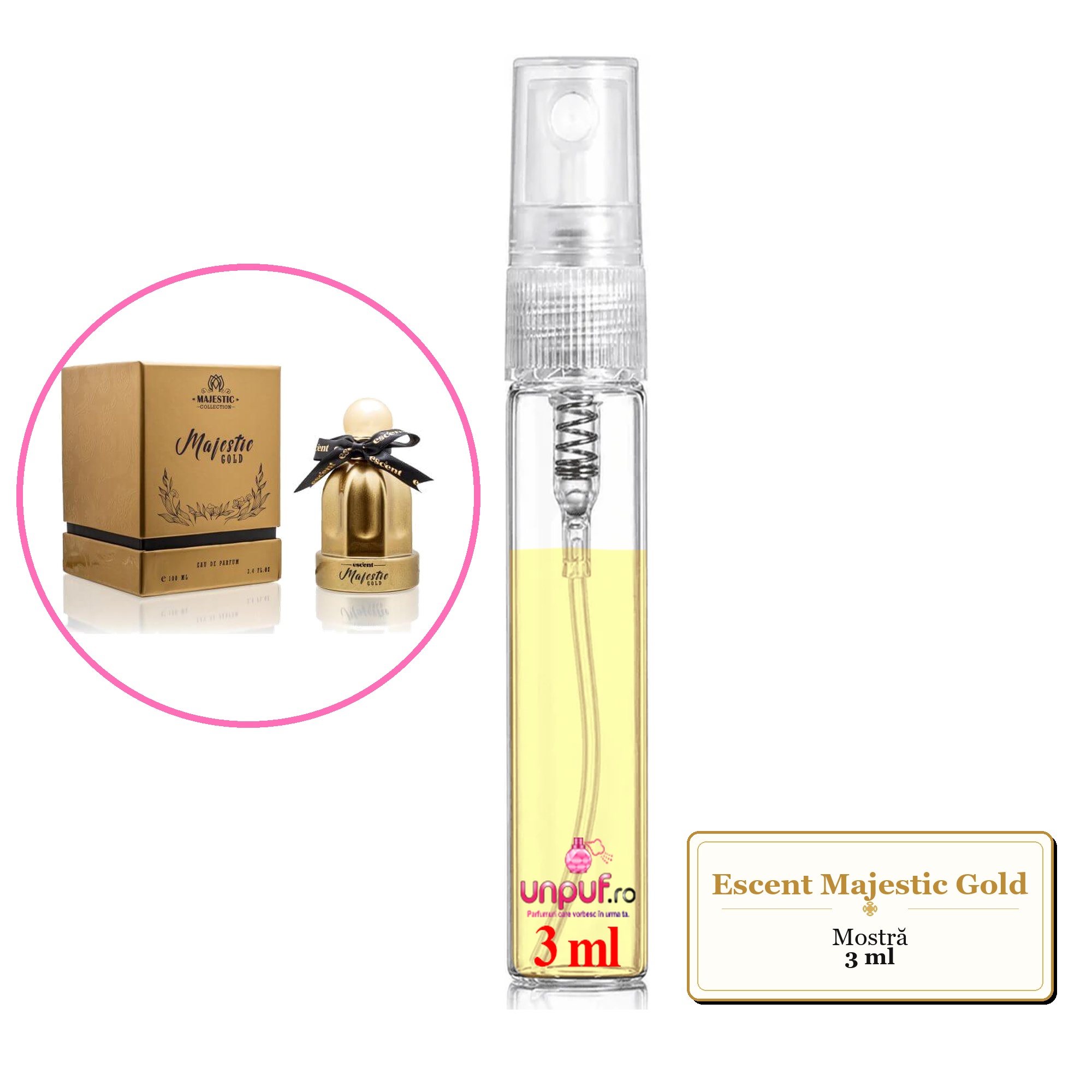 Mostra fiola din Parfumul Escent Majestic Gold, decant sticla cu pulverizator 