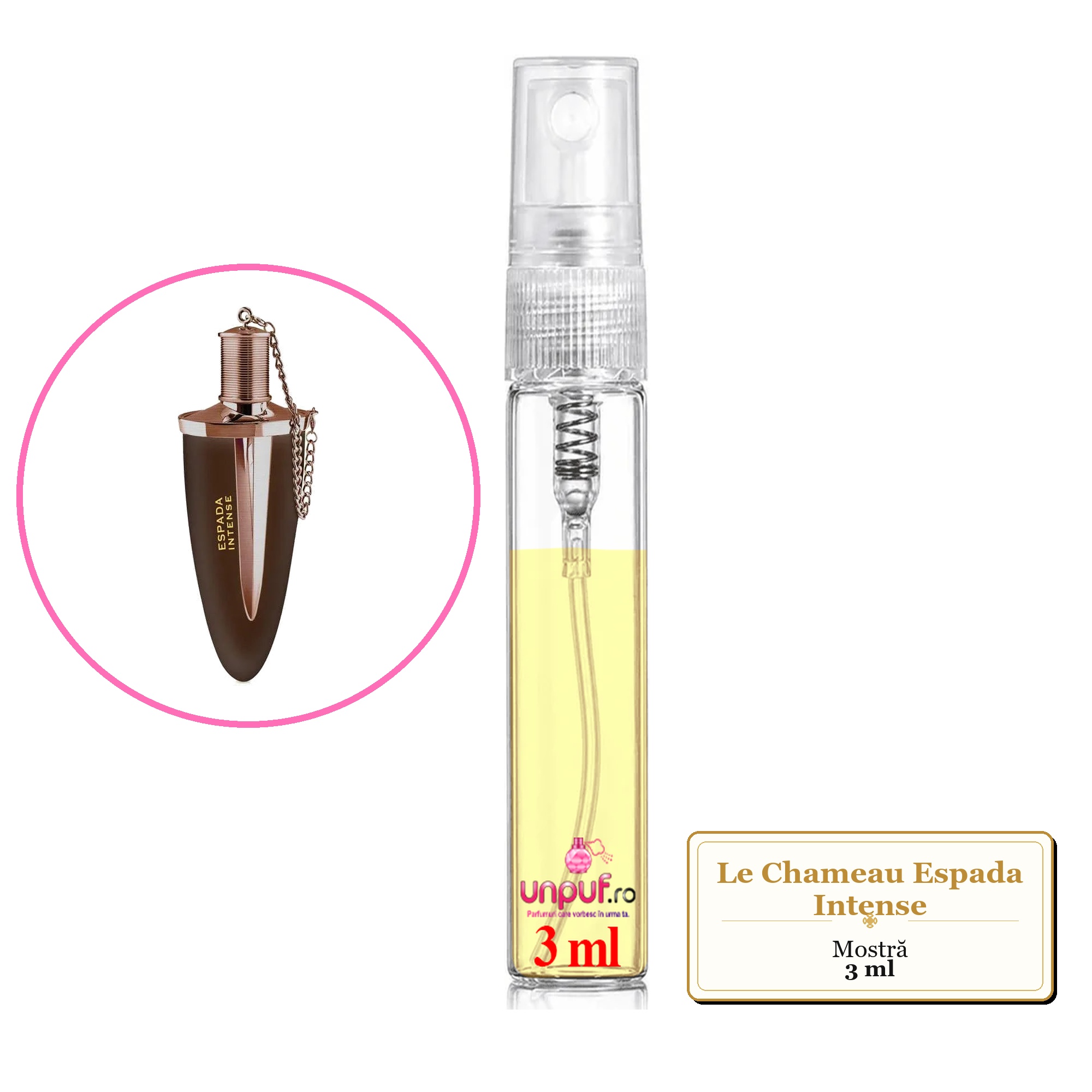 Mostra fiola din Parfumul Le Chameau Espada Intense, decant sticla cu pulverizator 