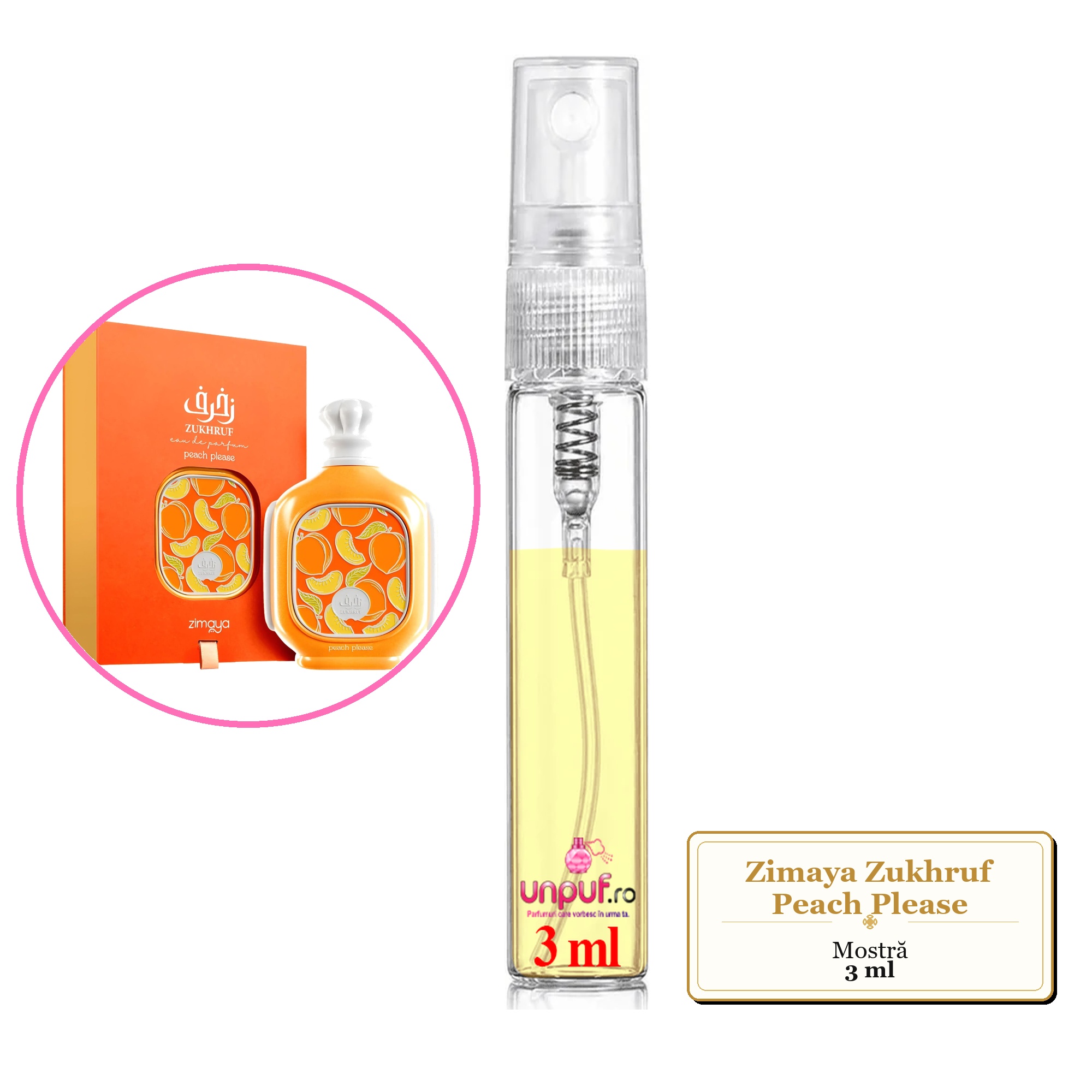 Mostra fiola din Parfumul Zimaya Zukhruf Peach Please, decant sticla cu pulverizator 