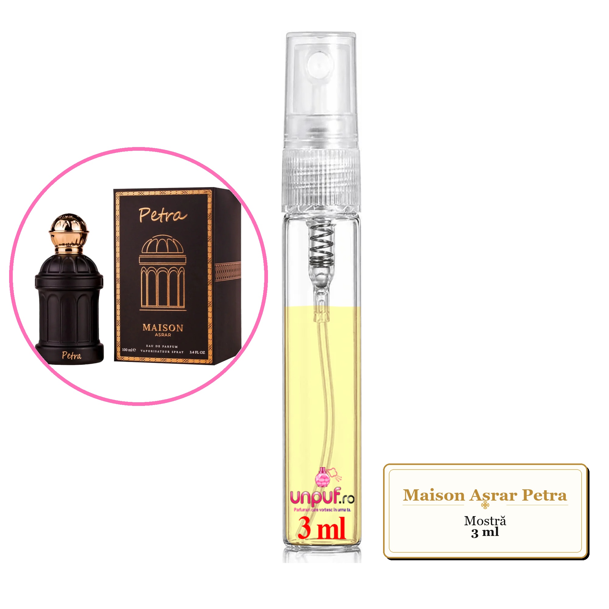 Mostra fiola din Parfumul Maison Asrar Petra, decant sticla cu pulverizator