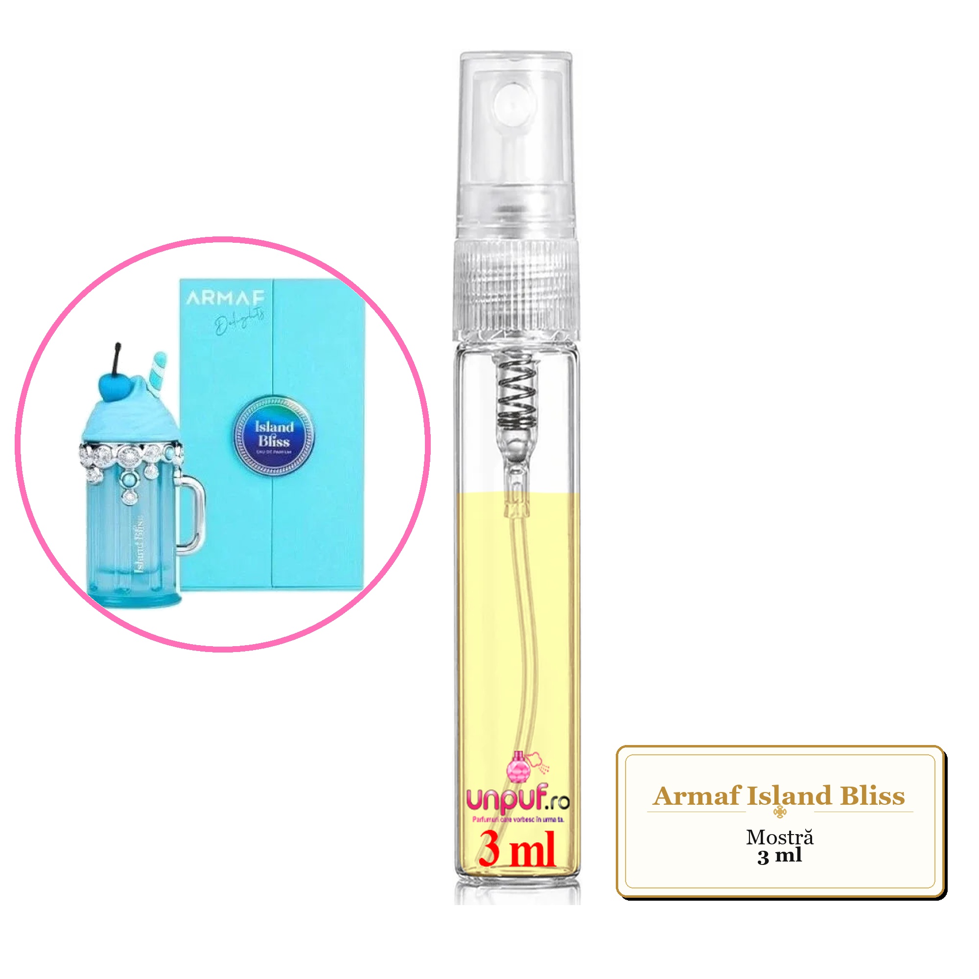 Mostra fiola din Parfumul Armaf Island Bliss, decant sticla cu pulverizator