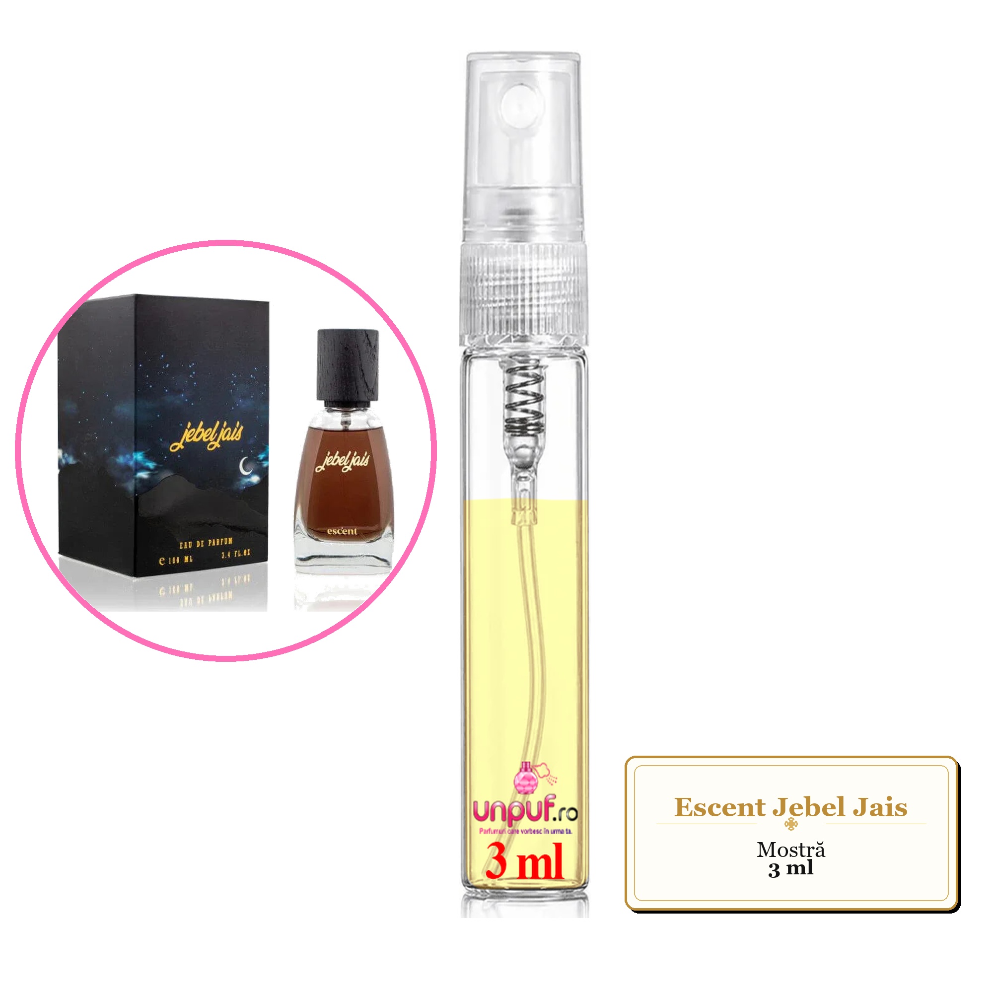 Mostra fiola din Parfumul Escent Jebel Jais, decant sticla cu pulverizator