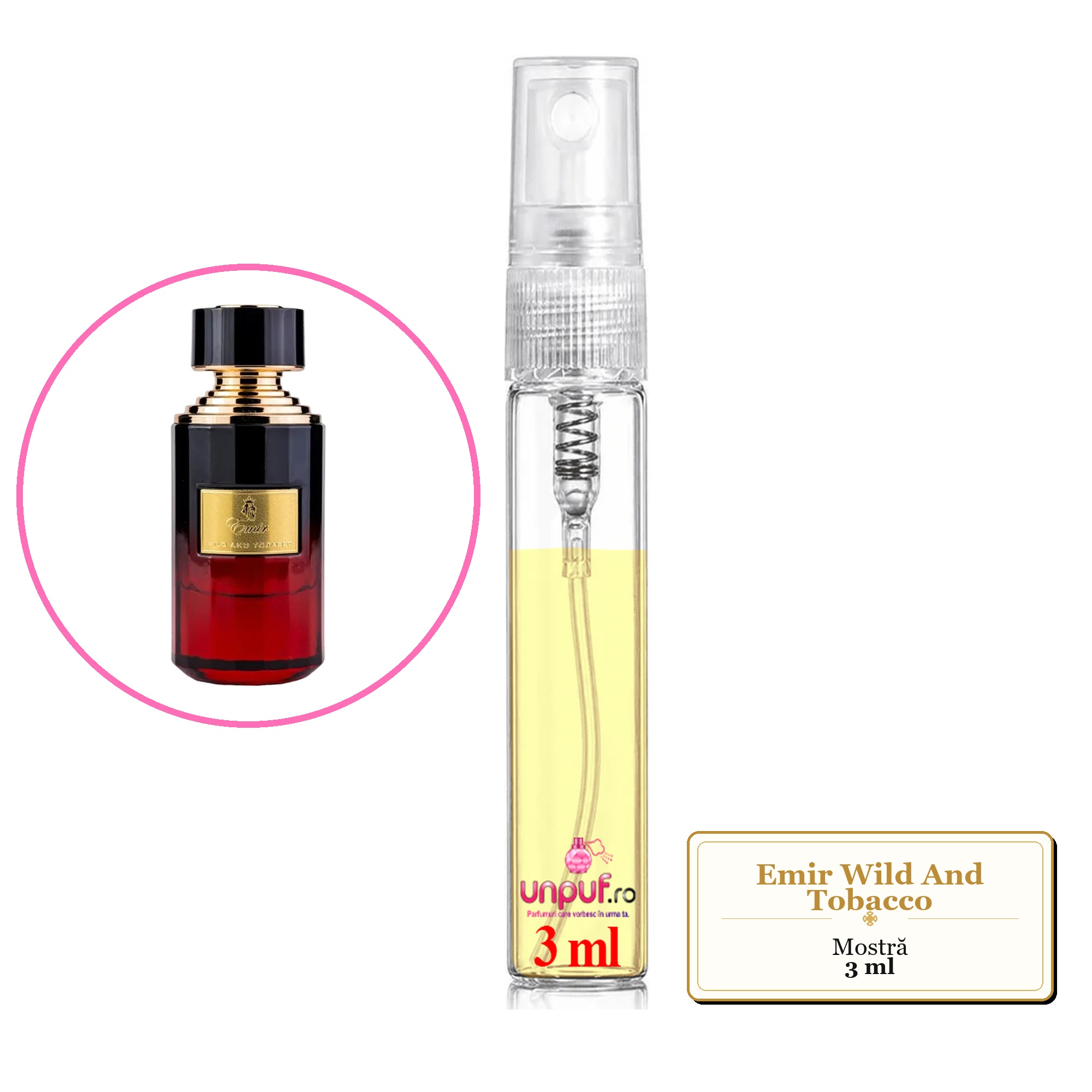 Mostra fiola din Parfumul Emir Wild And Tobacco, decant sticla cu pulverizator 
