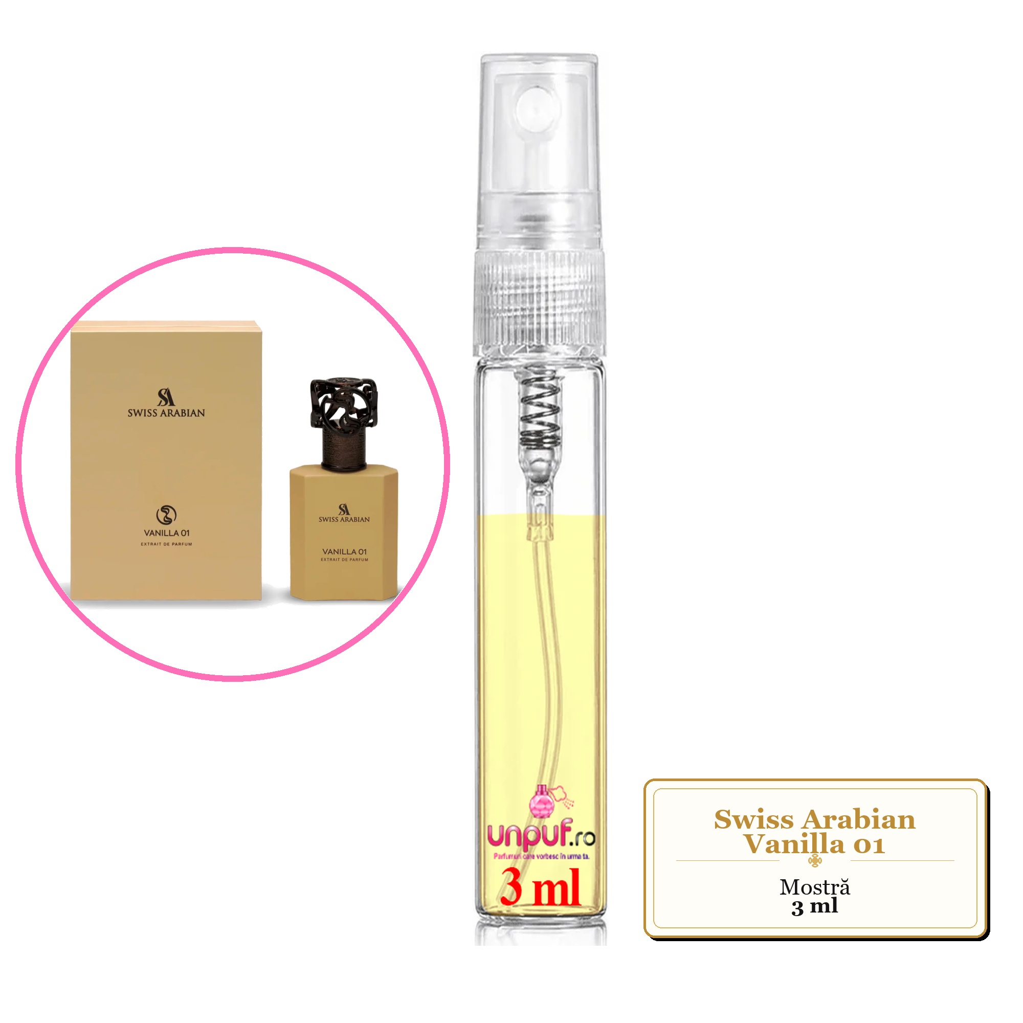 Mostra fiola din Parfumul Swiss Arabian Vanilla 01, decant sticla cu pulverizator 