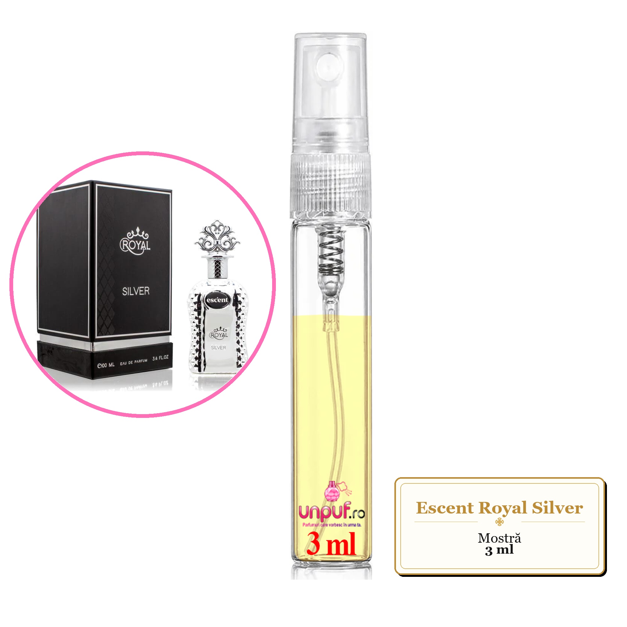 Mostra fiola din Parfumul Escent Royal Silver, decant sticla cu pulverizator 