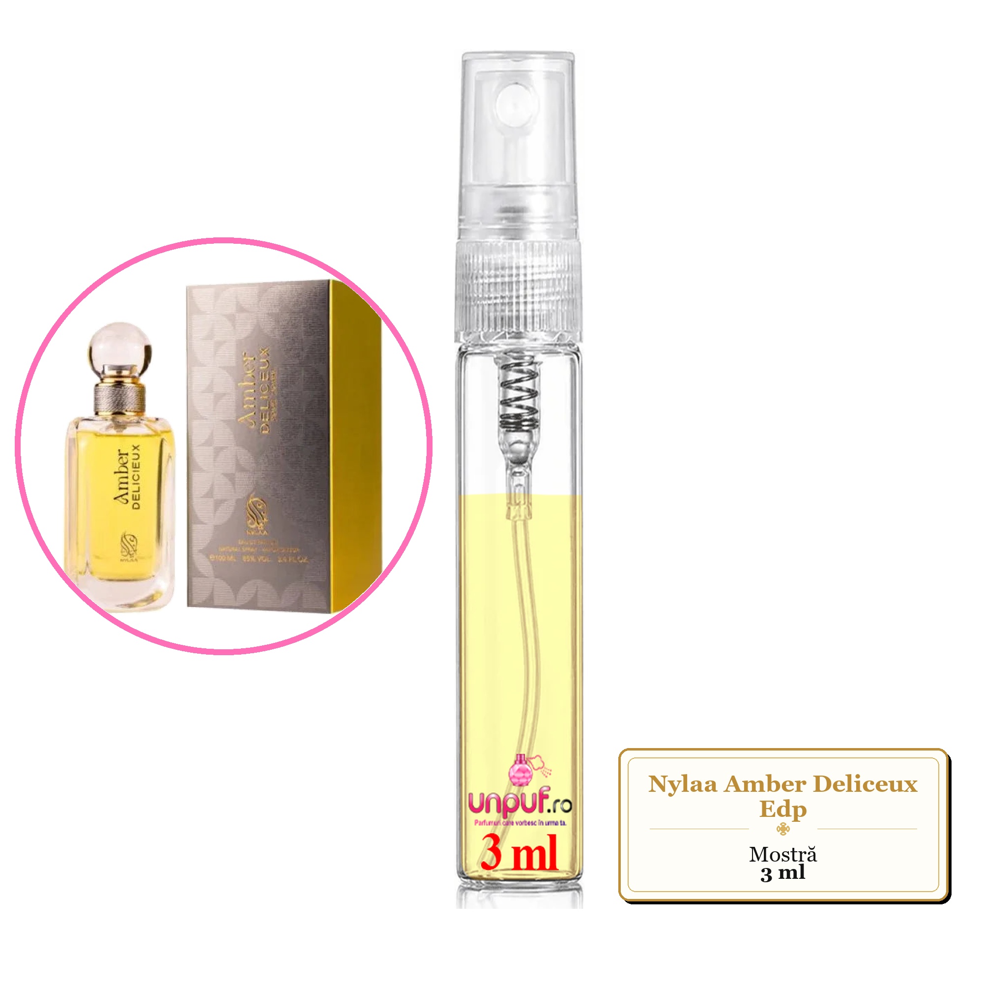 Mostra fiola din Parfumul Nylaa Amber Deliceux Edp, decant sticla cu pulverizator 