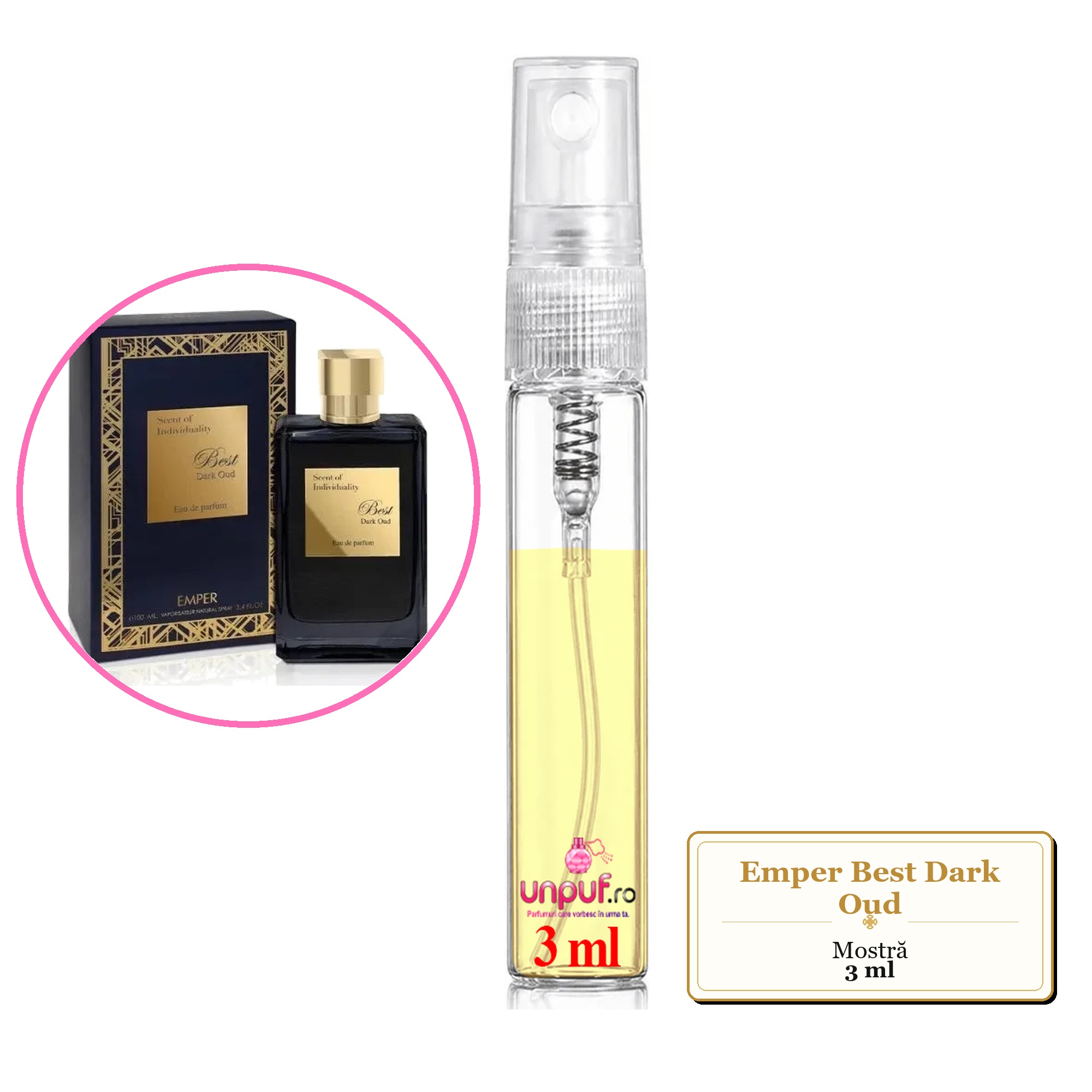 Mostra fiola din Parfumul Emper Best Dark Oud, decant sticla cu pulverizator 