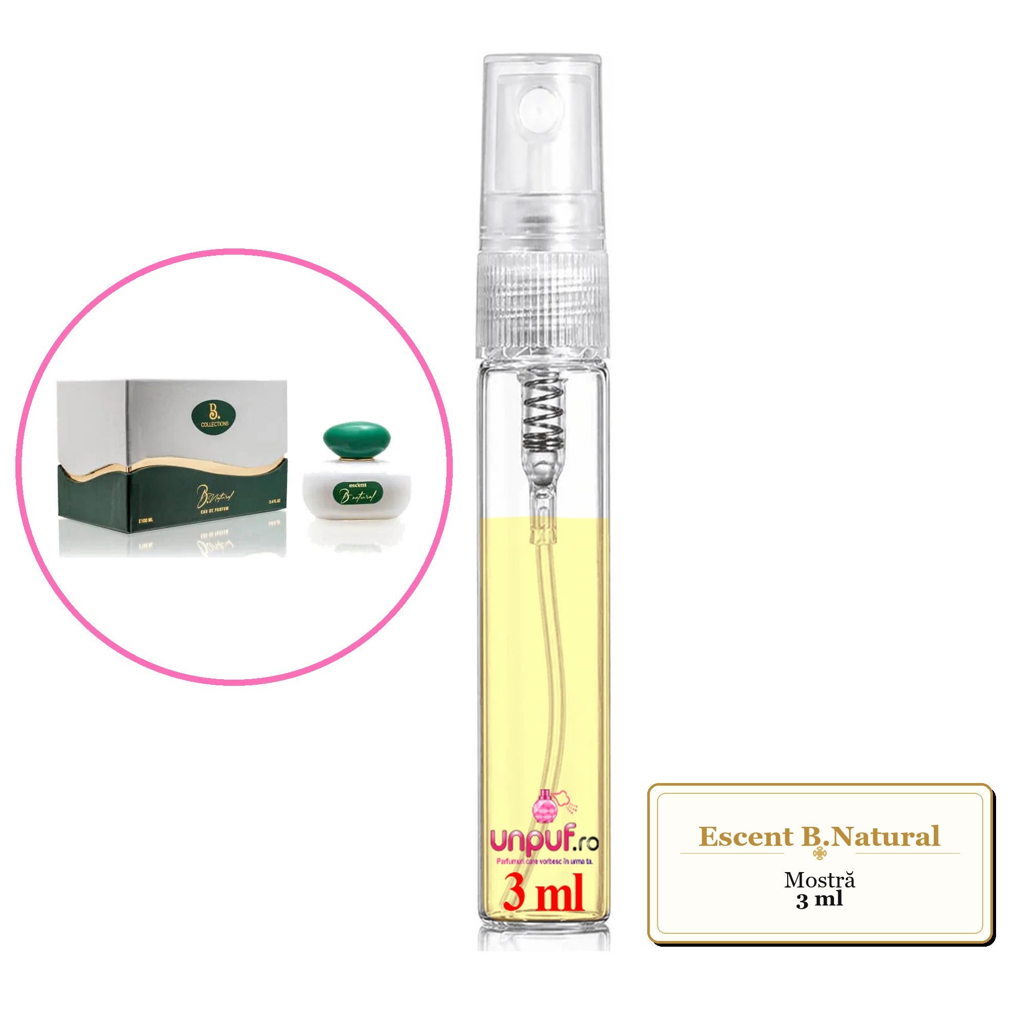 Mostra fiola din Parfumul Escent B.Natural, decant sticla cu pulverizator 