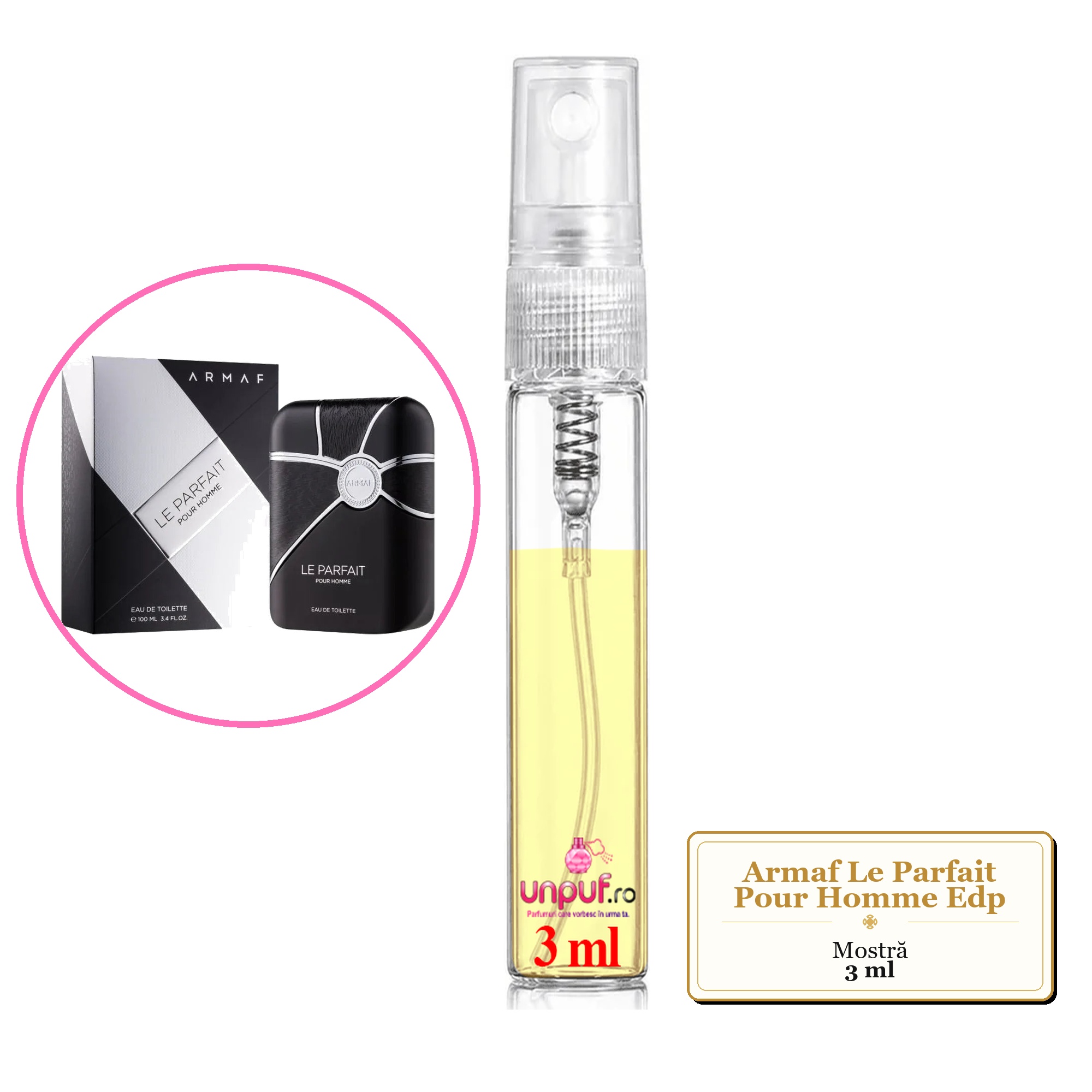 Mostra fiola din Parfumul Armaf Le Parfait Pour Homme Edp, decant sticla cu pulverizator