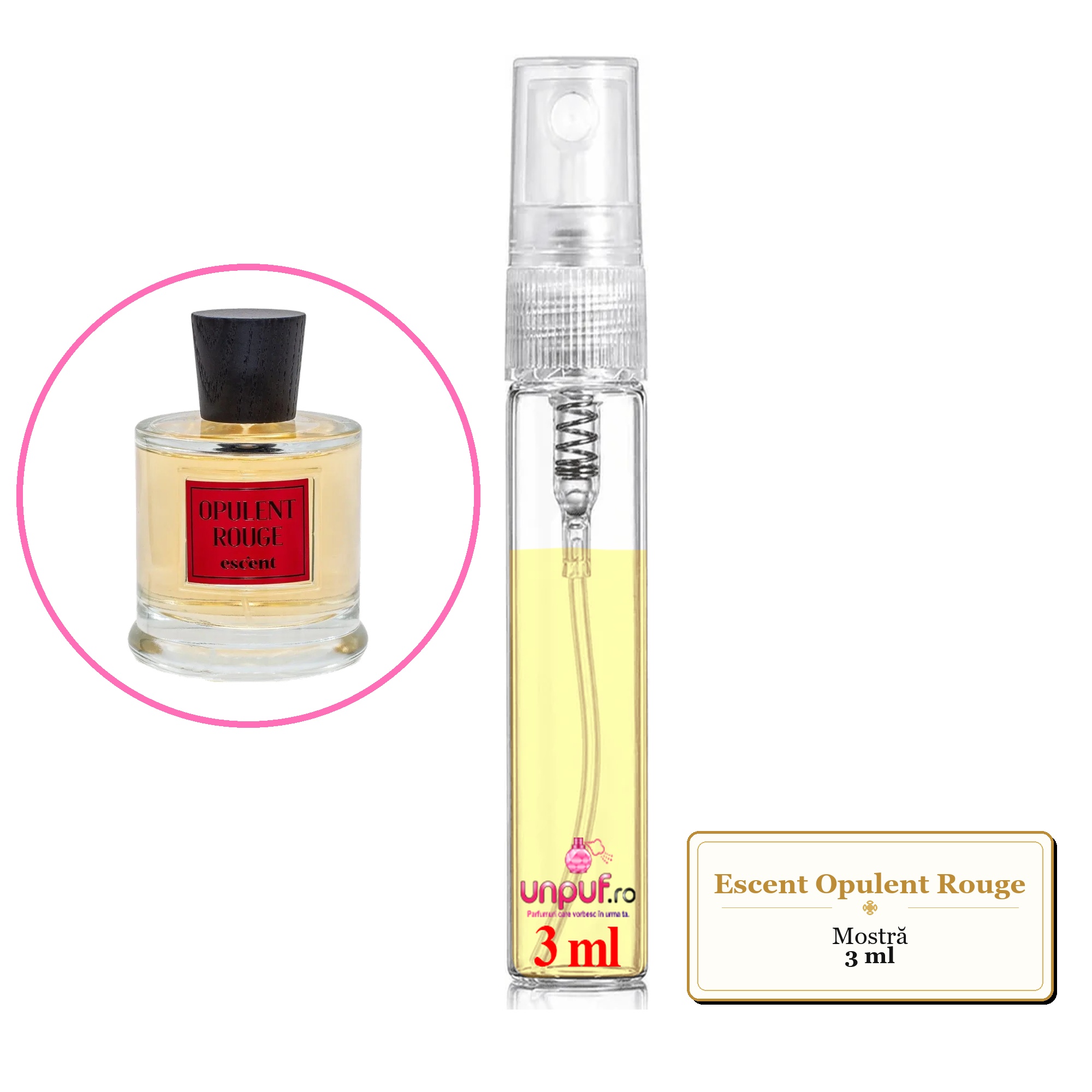 Mostra fiola din Parfumul Escent Opulent Rouge, decant sticla cu pulverizator 