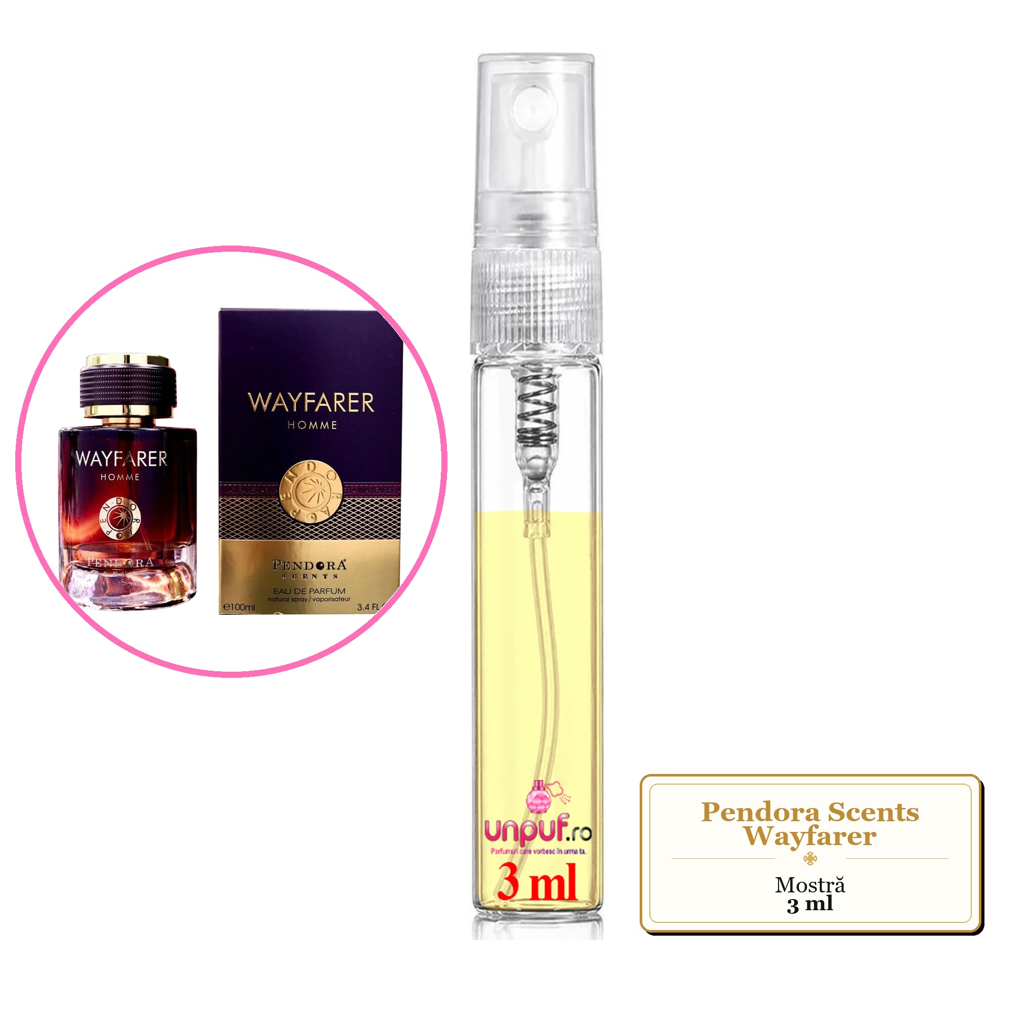 Mostra fiola din Parfumul Pendora Scents Wayfarer, decant sticla cu pulverizator