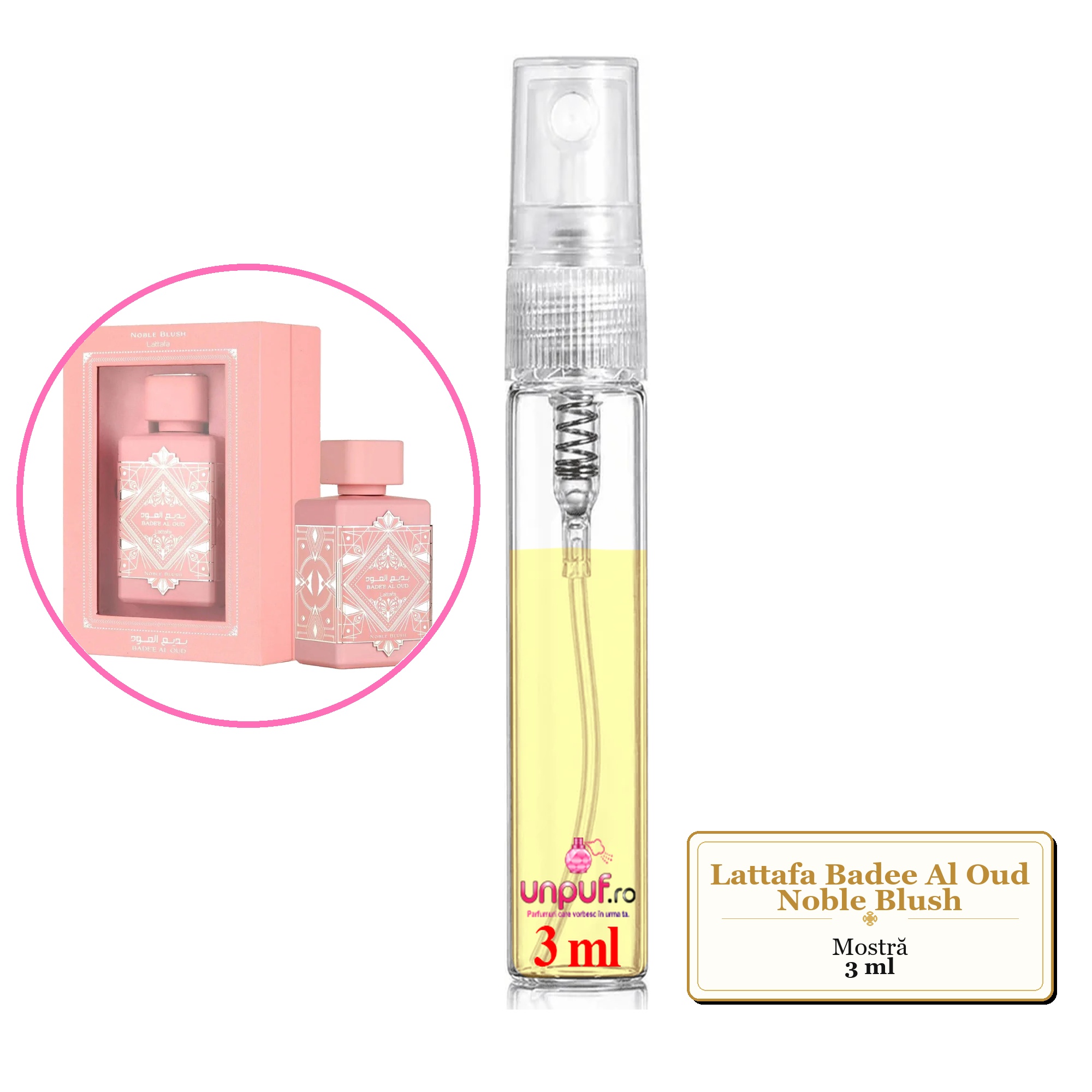Mostra fiola din Parfumul Lattafa Badee Al Oud Noble Blush, decant sticla cu pulverizator 