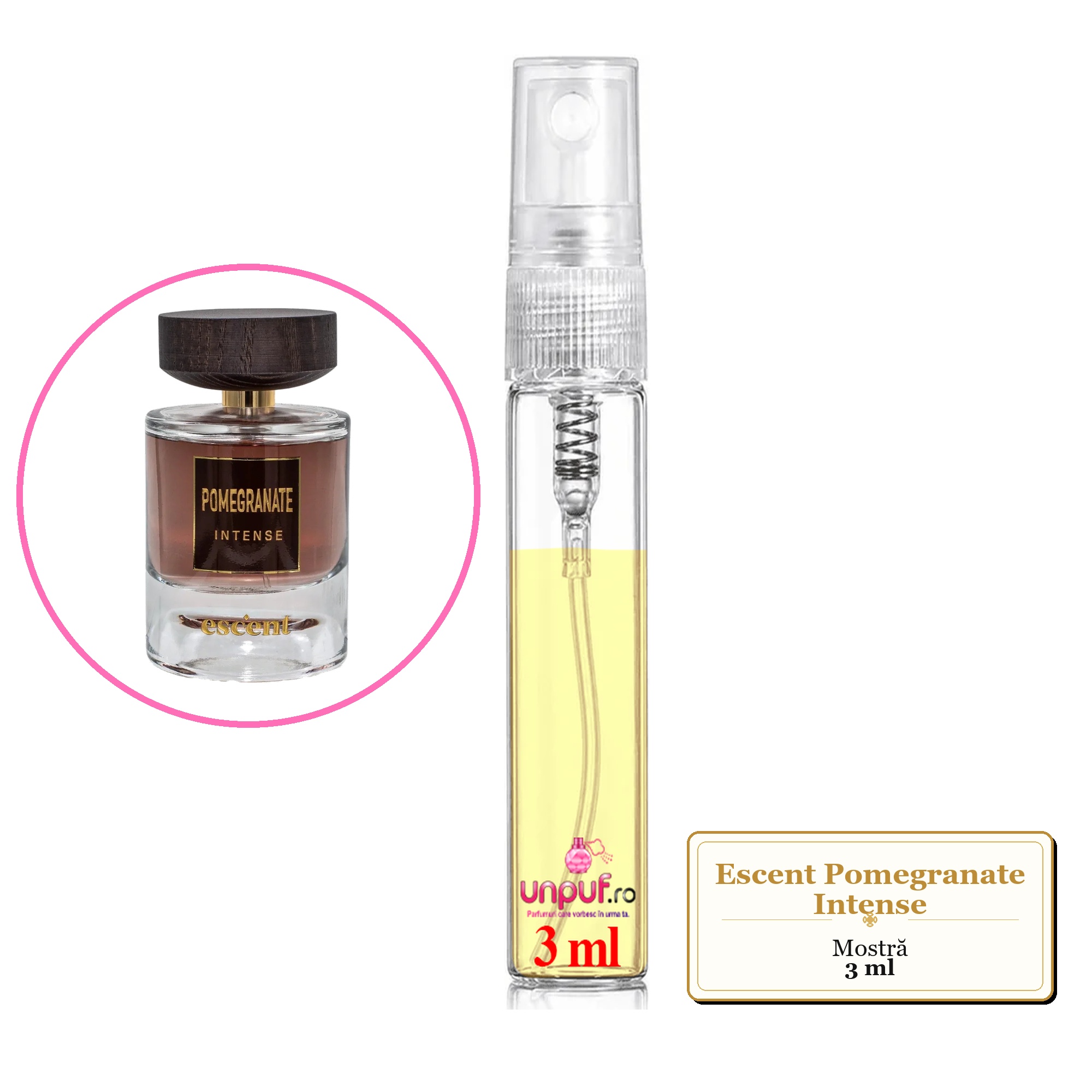 Mostra fiola din Parfumul Escent Pomegranate Intense, decant sticla cu pulverizator 