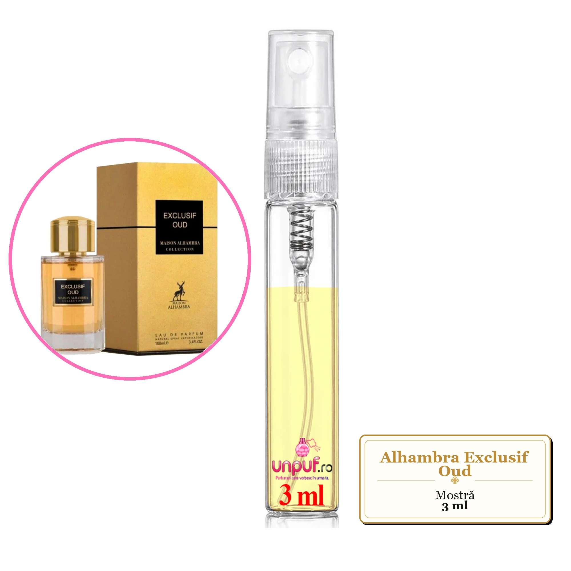 Mostra fiola din Parfumul Alhambra Exclusif Oud, decant sticla cu pulverizator 
