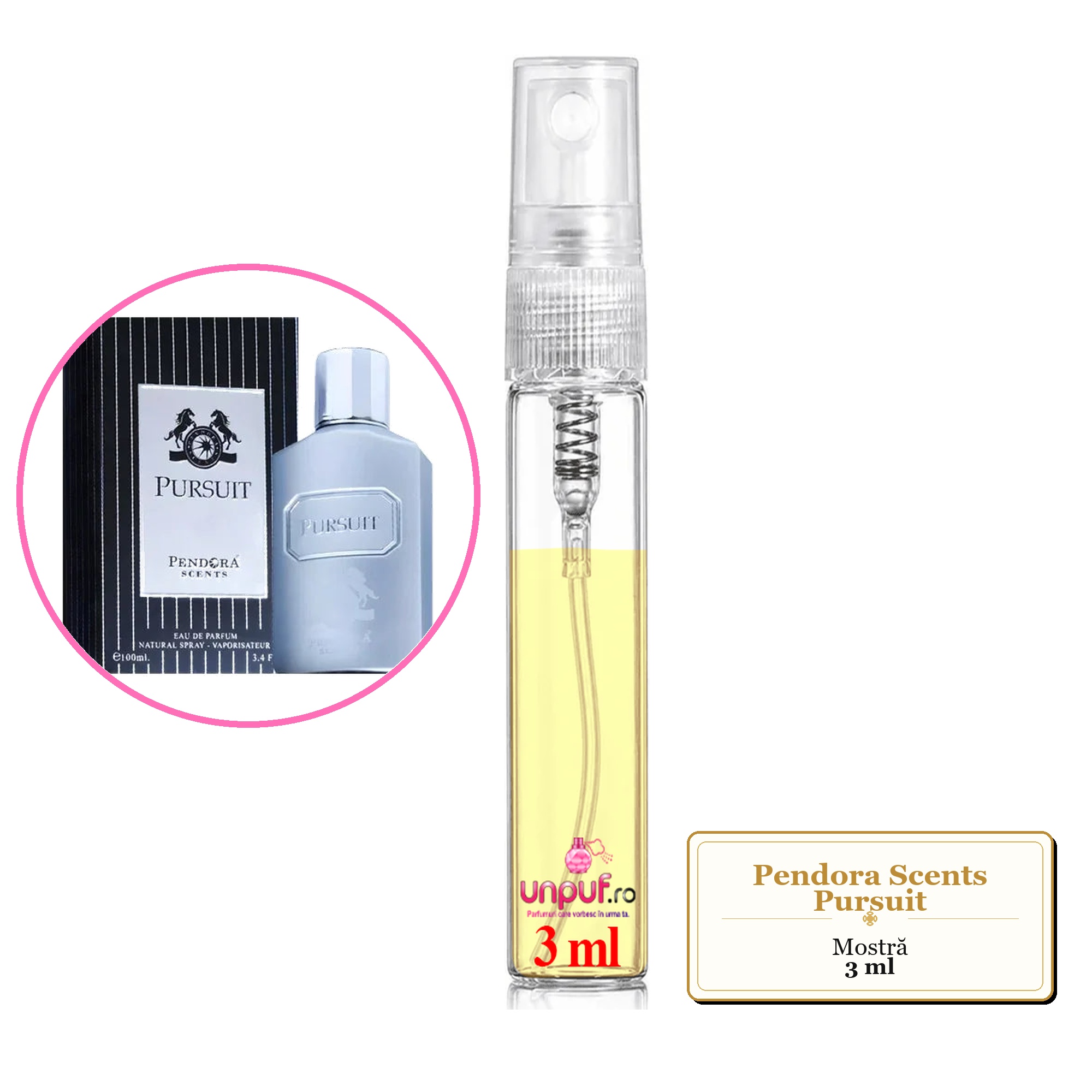 Mostra fiola din Parfumul Pendora Scents Pursuit, decant sticla cu pulverizator