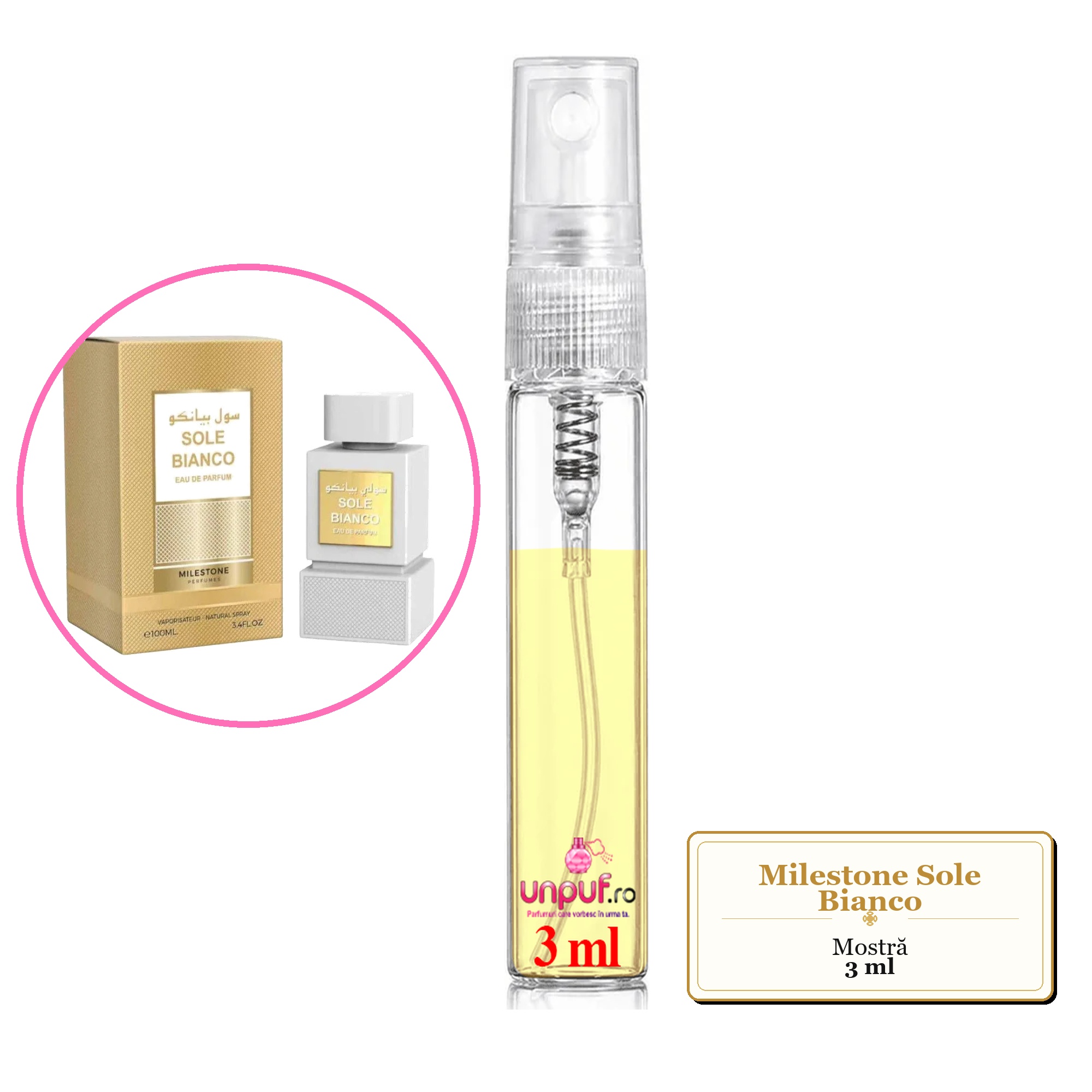 Mostra fiola din Parfumul Milestone Sole Bianco, decant sticla cu pulverizator