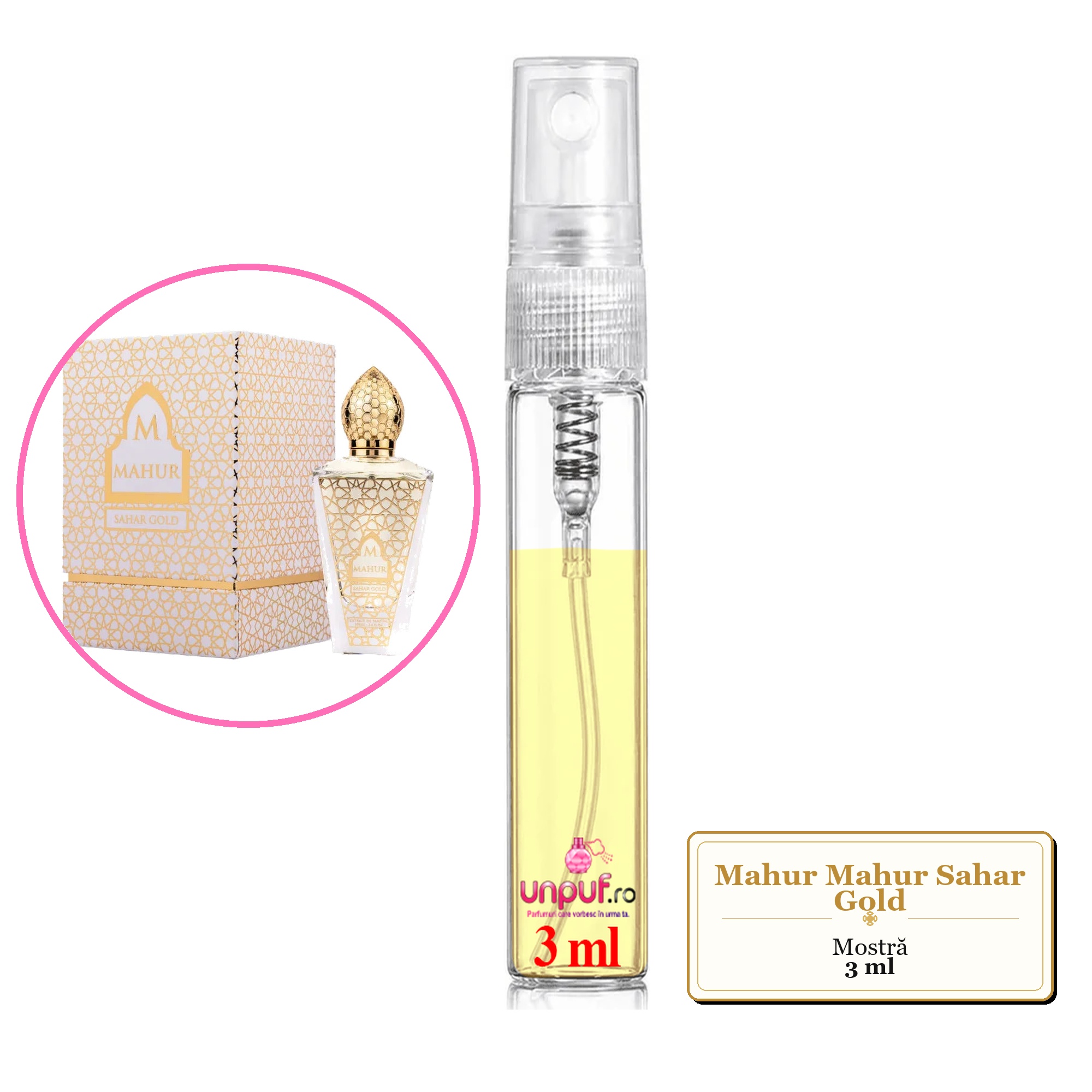 Mostra fiola din Parfumul Mahur Mahur Sahar Gold, decant sticla cu pulverizator 