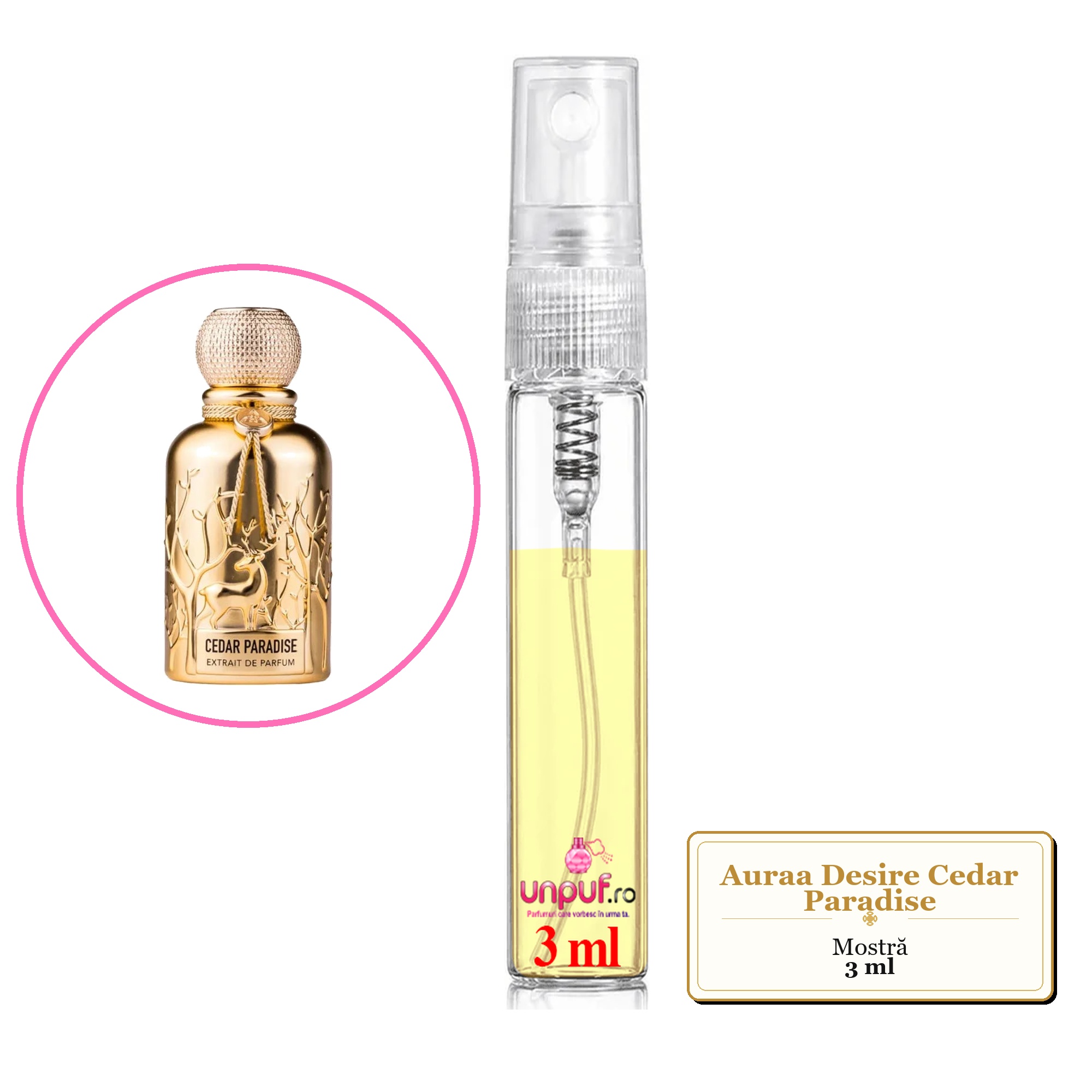 Mostra fiola din Parfumul Auraa Desire Cedar Paradise, decant sticla cu pulverizator 