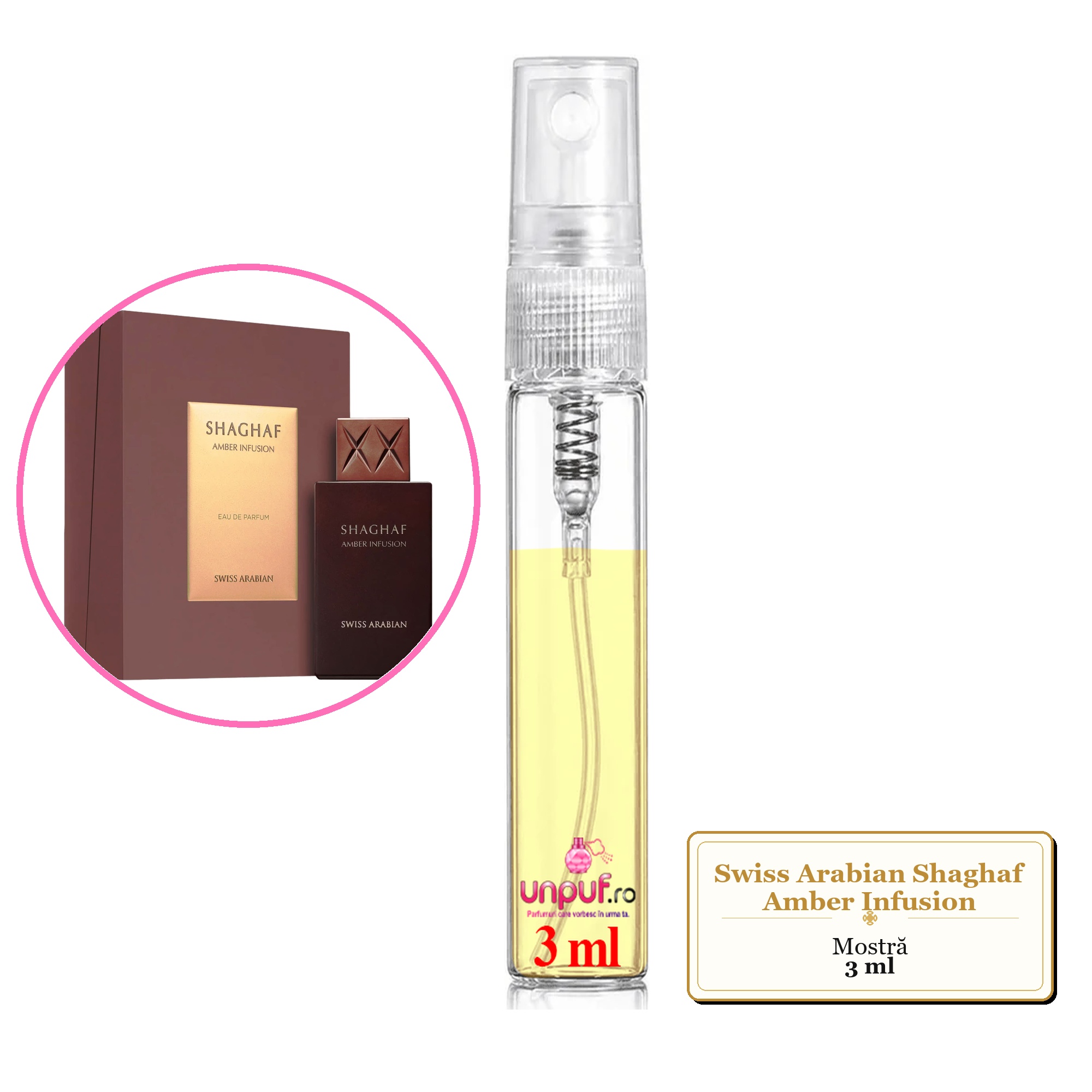 Mostra fiola din Parfumul Swiss Arabian Shaghaf Amber Infusion, decant sticla cu pulverizator 