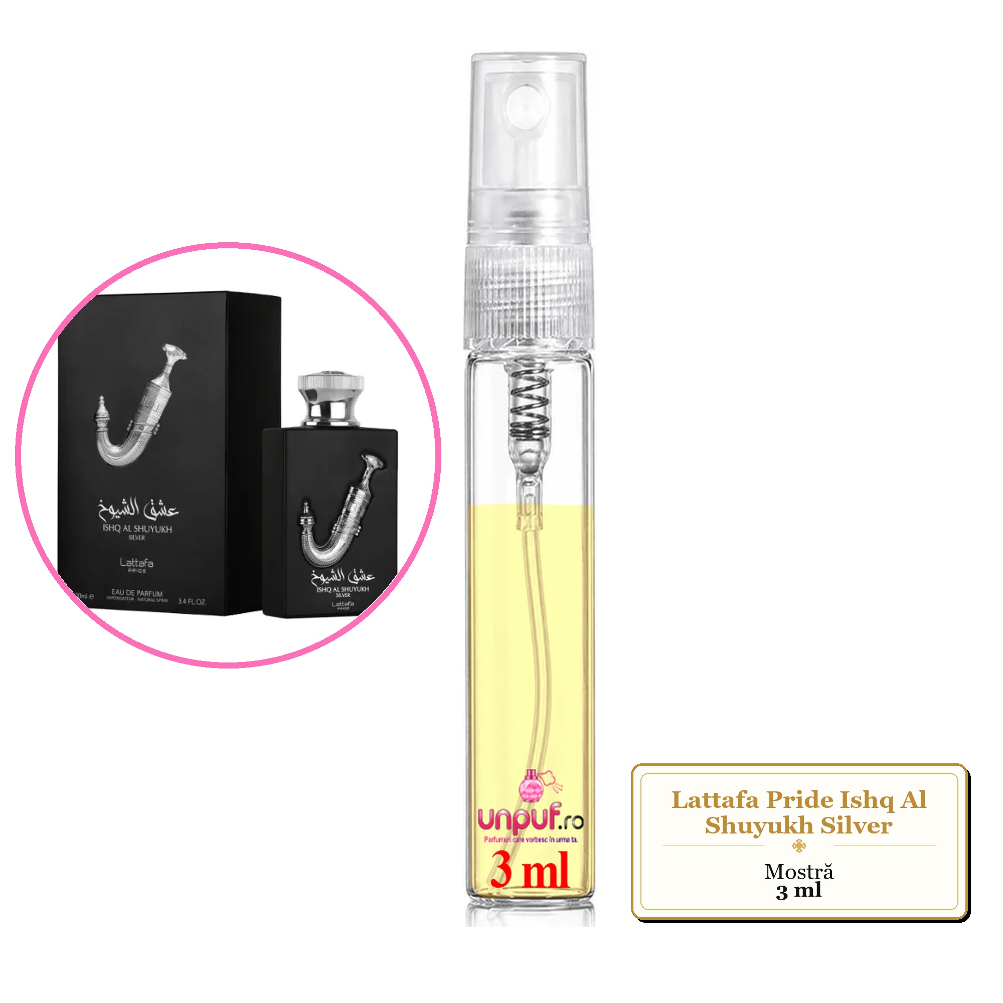 Mostra fiola din Parfumul Lattafa Pride Ishq Al Shuyukh Silver, decant sticla cu pulverizator 