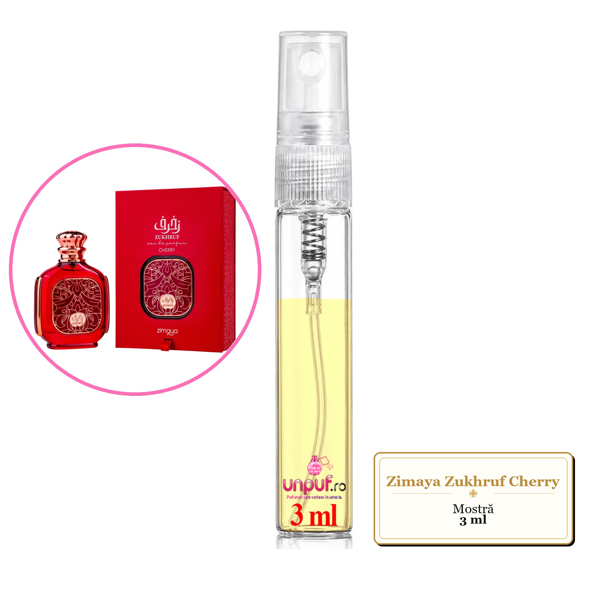 Mostra fiola din Parfumul Zimaya Zukhruf Cherry, decant sticla cu pulverizator 