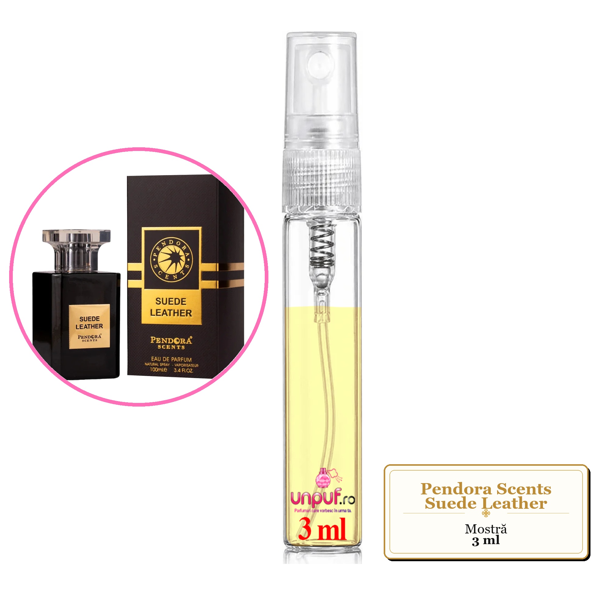 Mostra fiola din Parfumul Pendora Scents Suede Leather, decant sticla cu pulverizator