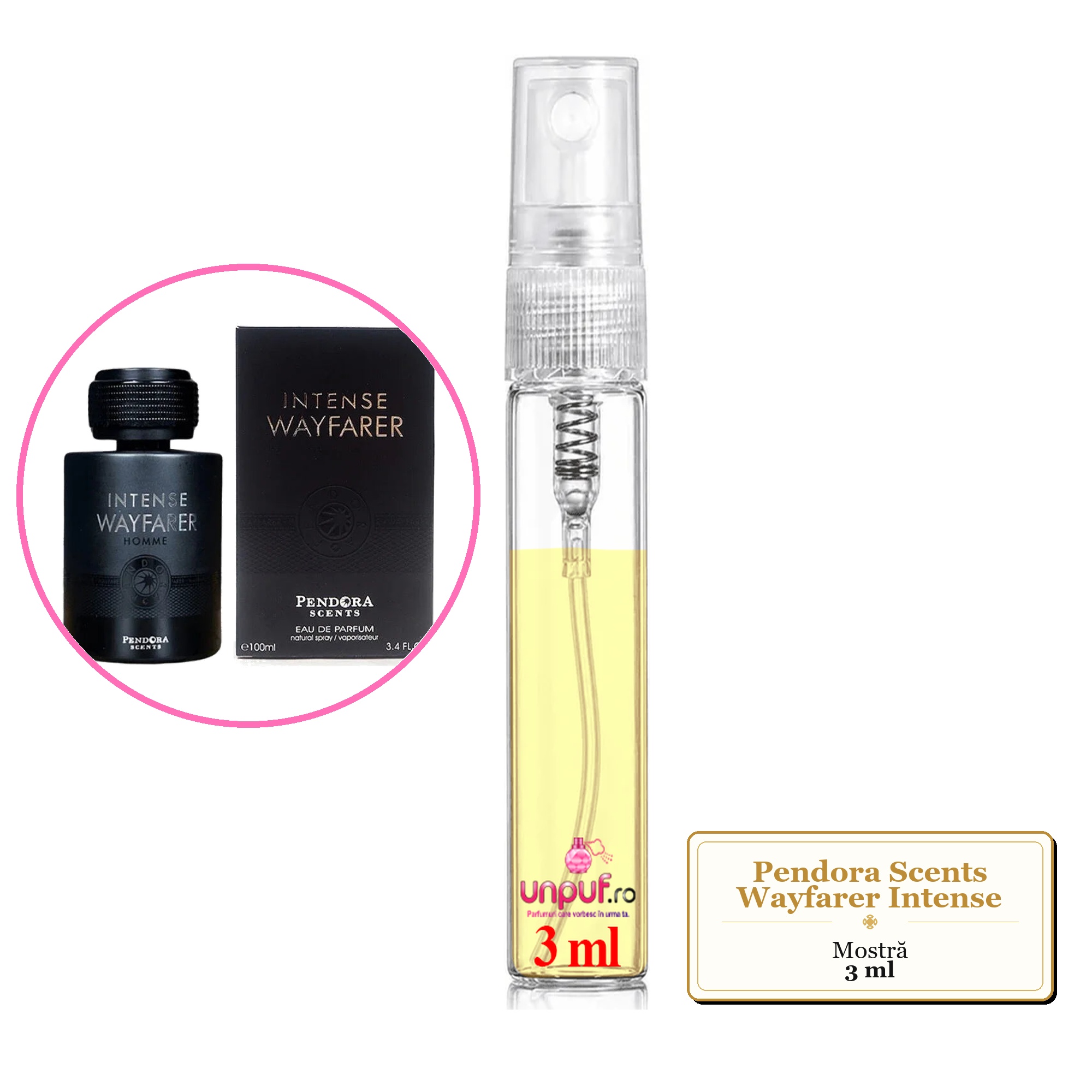 Mostra fiola din Parfumul Pendora Scents Wayfarer Intense, decant sticla cu pulverizator 