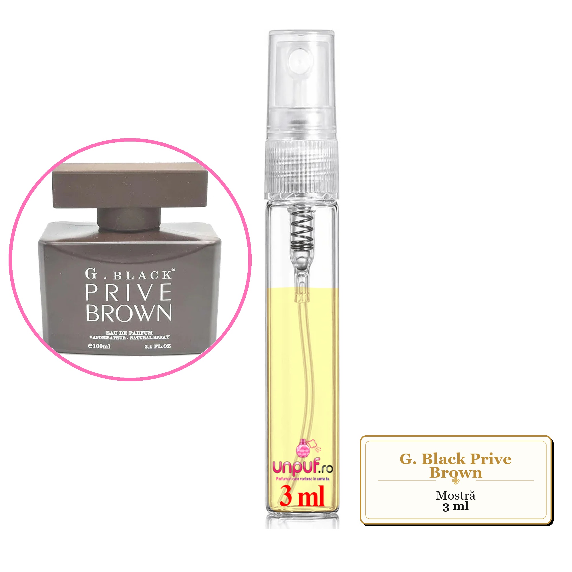Mostra fiola din Parfumul G. Black Prive Brown, decant sticla cu pulverizator