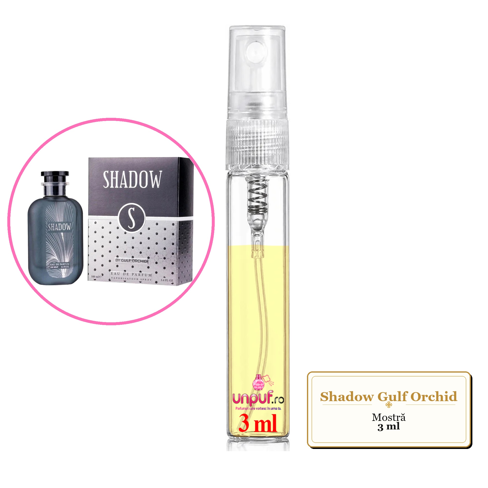 Mostra fiola din Parfumul Shadow Gulf Orchid, decant sticla cu pulverizator 