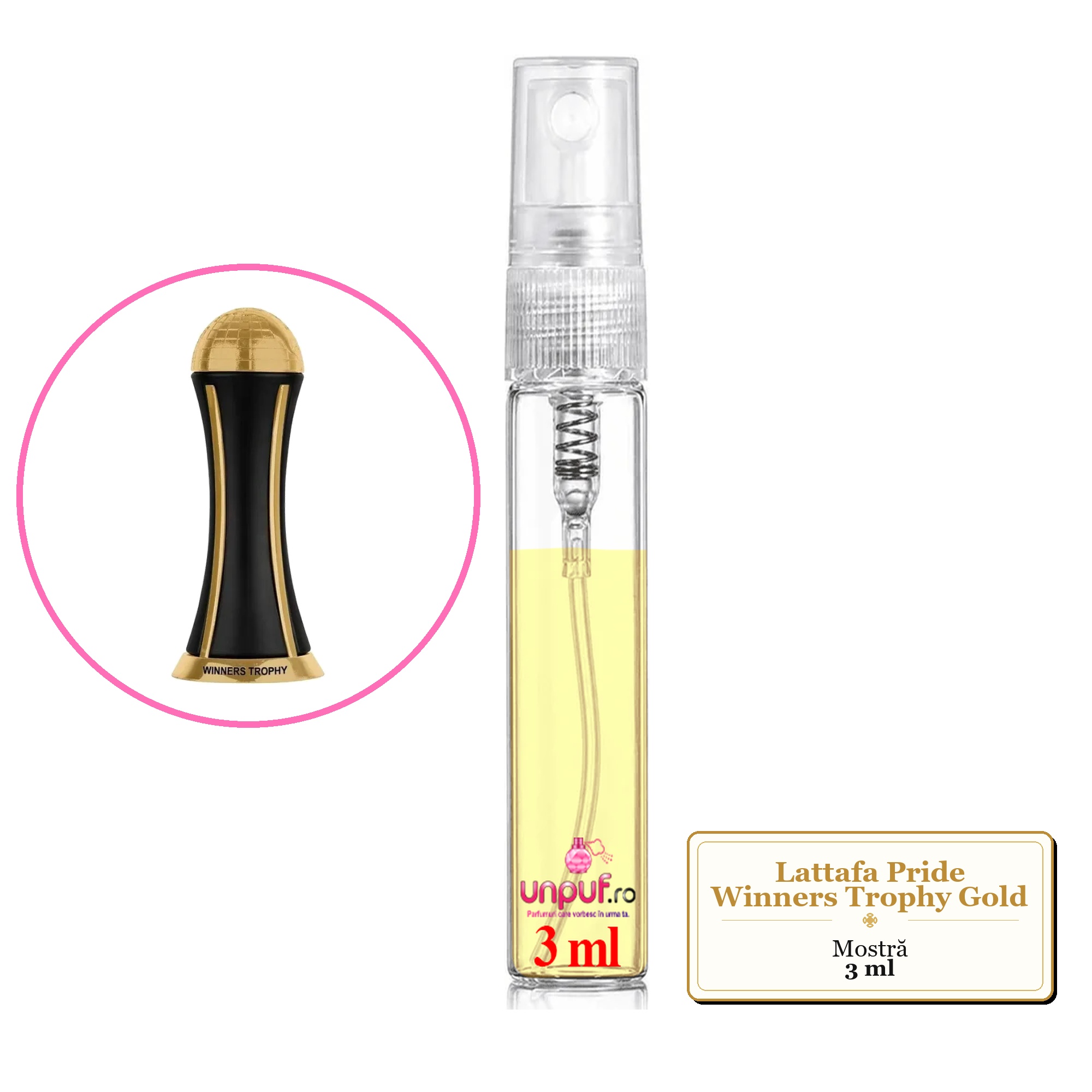 Mostra fiola din Parfumul Lattafa Pride Winners Trophy Gold, decant sticla cu pulverizator 