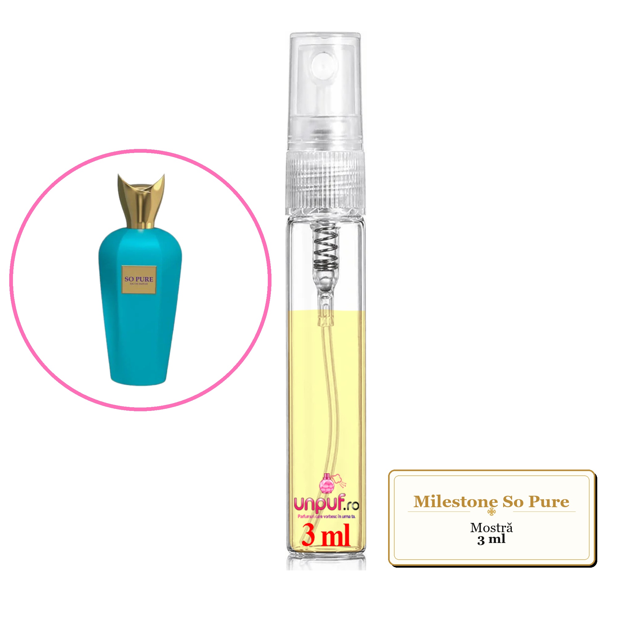 Mostra fiola din Parfumul Milestone So Pure, decant sticla cu pulverizator 