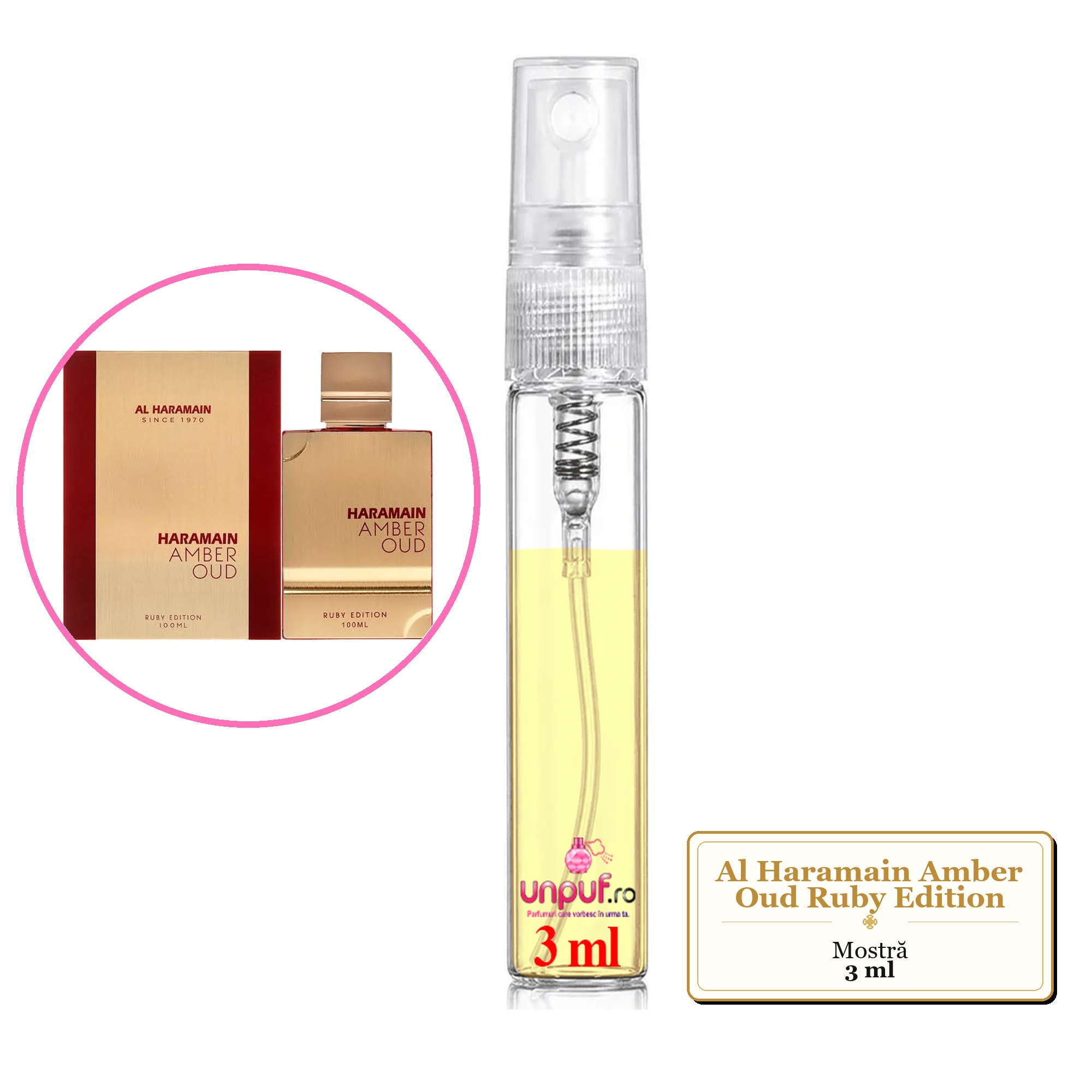 Mostra fiola din Parfumul Al Haramain Amber Oud Ruby Edition, decant sticla cu pulverizator