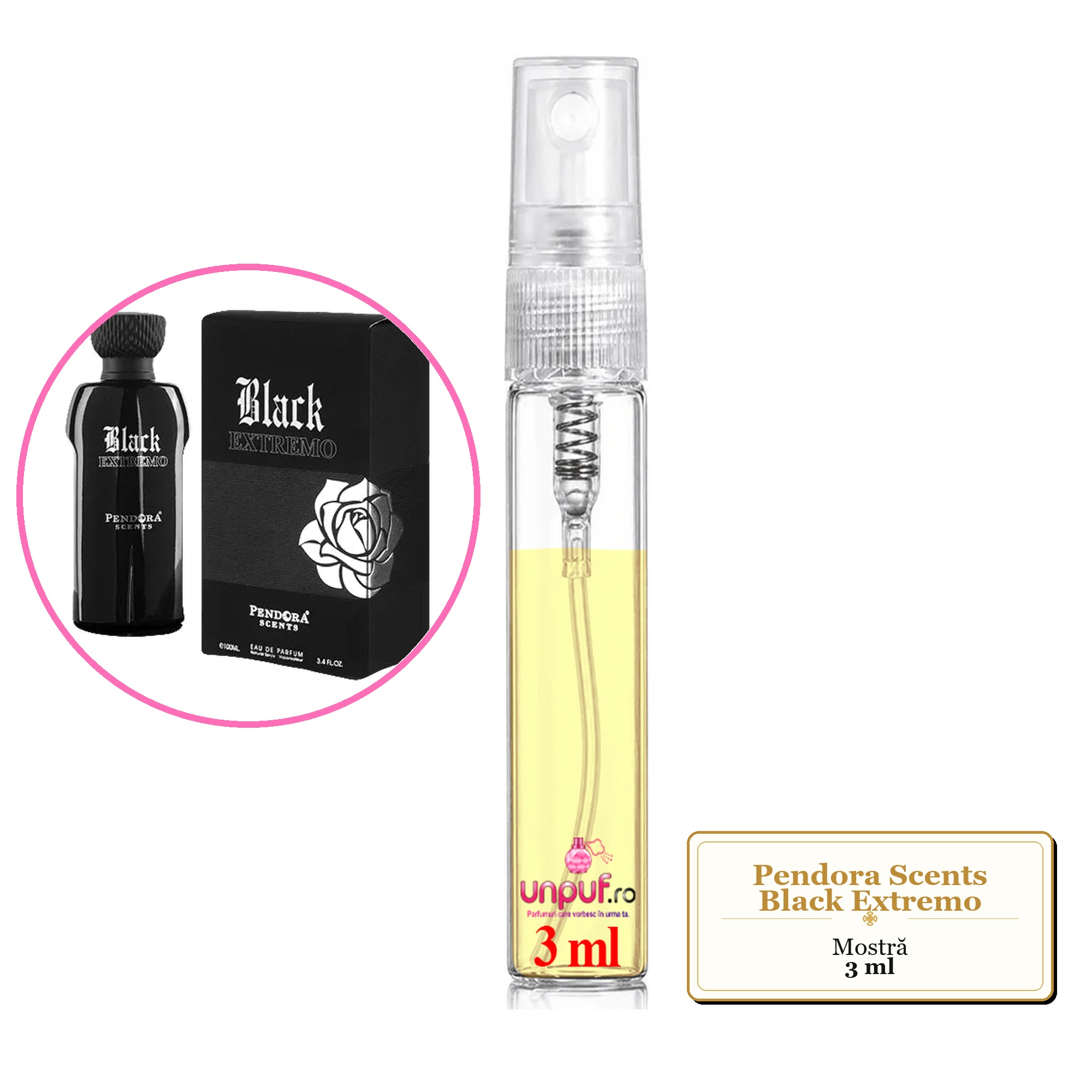 Mostra fiola din Parfumul Pendora Scents Black Extremo, decant sticla cu pulverizator