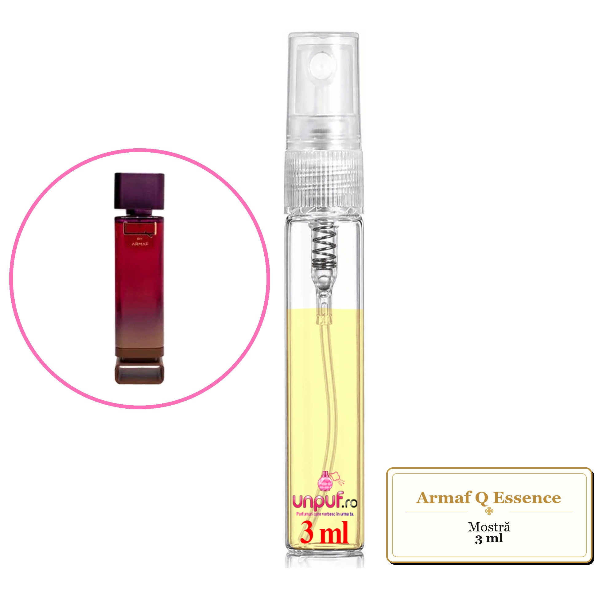 Mostra fiola din Parfumul Armaf Q Essence, decant sticla cu pulverizator