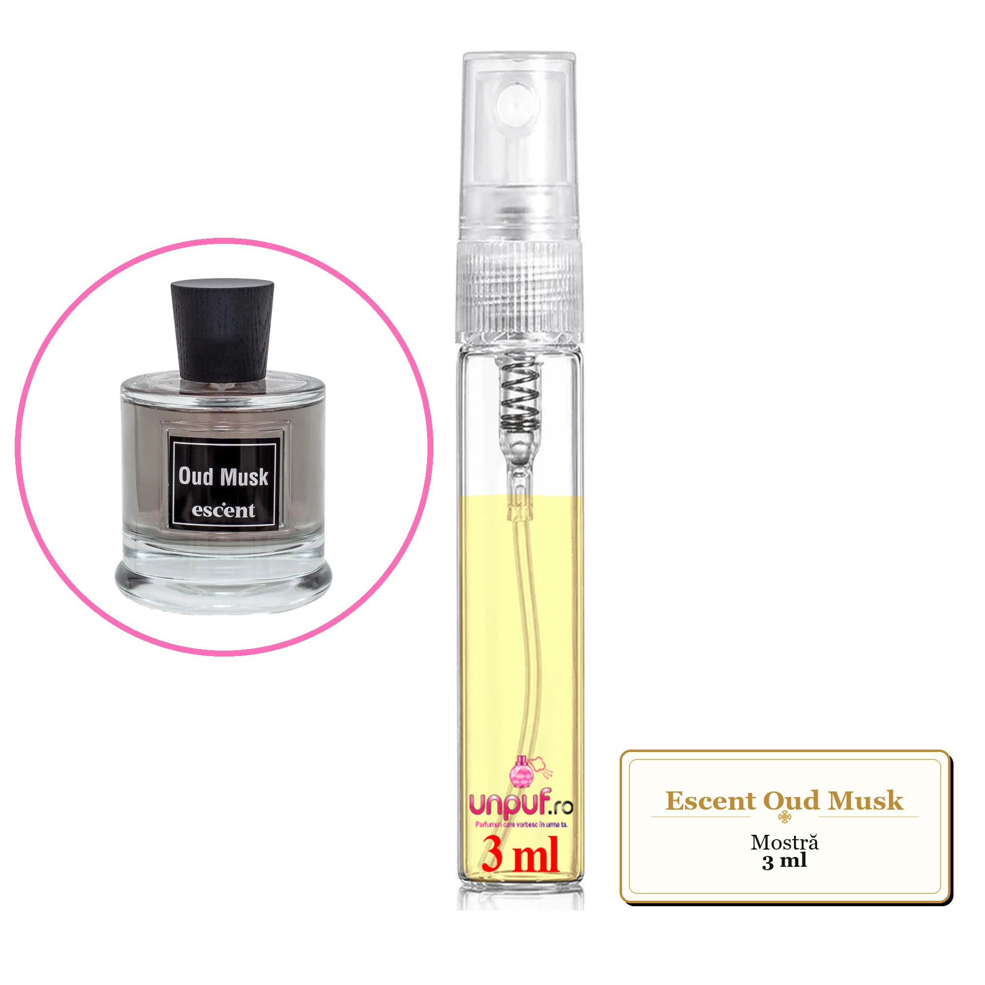 Mostra fiola din Parfumul Escent Oud Musk, decant sticla cu pulverizator