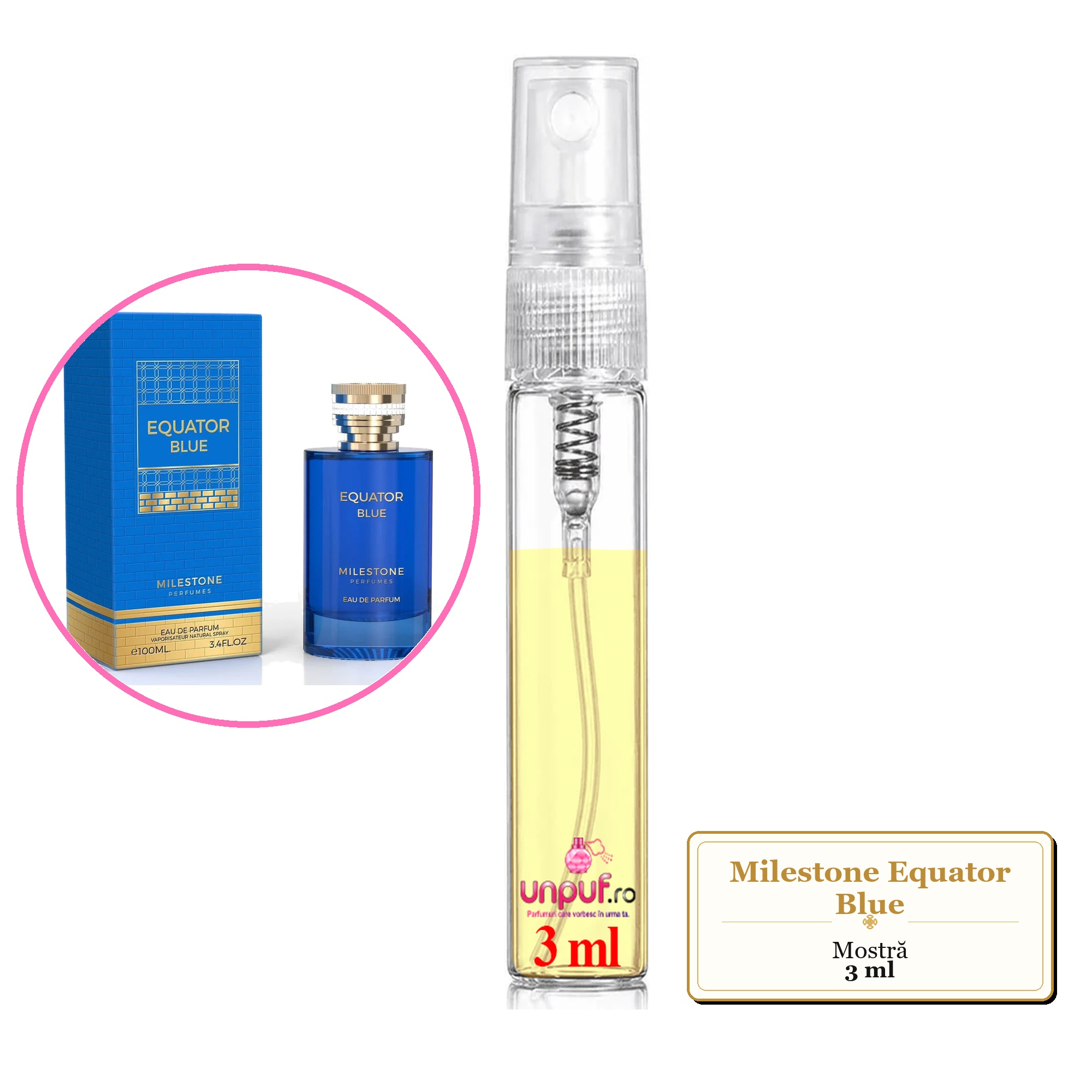 Mostra fiola din Parfumul Milestone Equator Blue, decant sticla cu pulverizator 