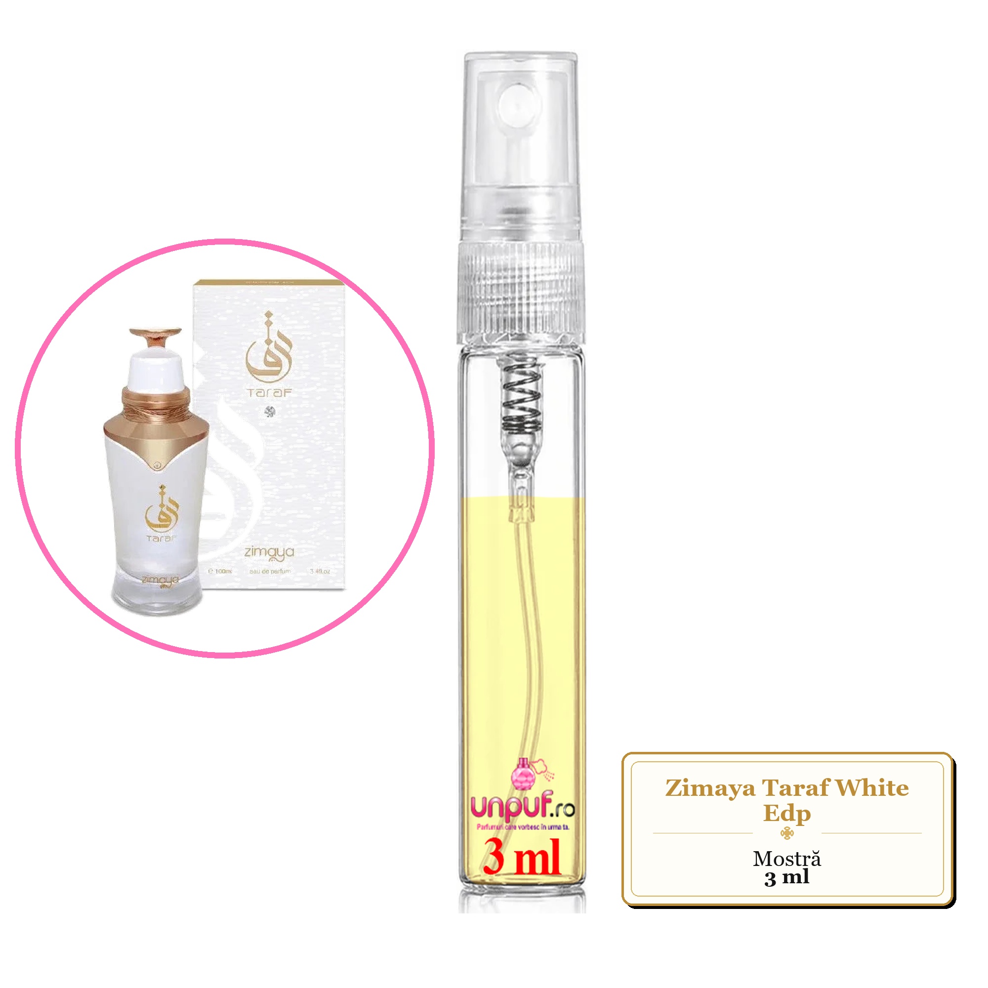 Mostra fiola din Parfumul Zimaya Taraf White Edp, decant sticla cu pulverizator 