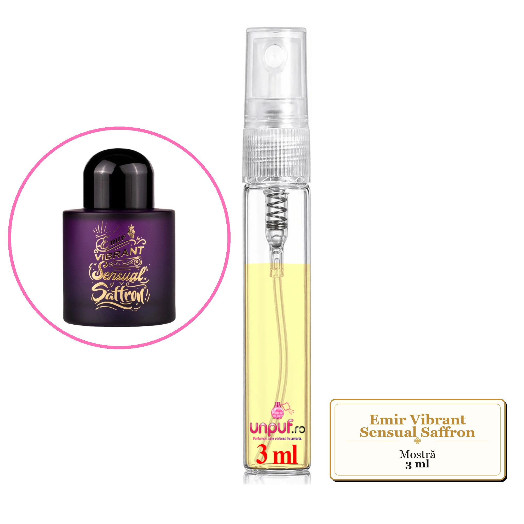 Mostra fiola din Parfumul Emir Vibrant Sensual Saffron, decant sticla cu pulverizator 