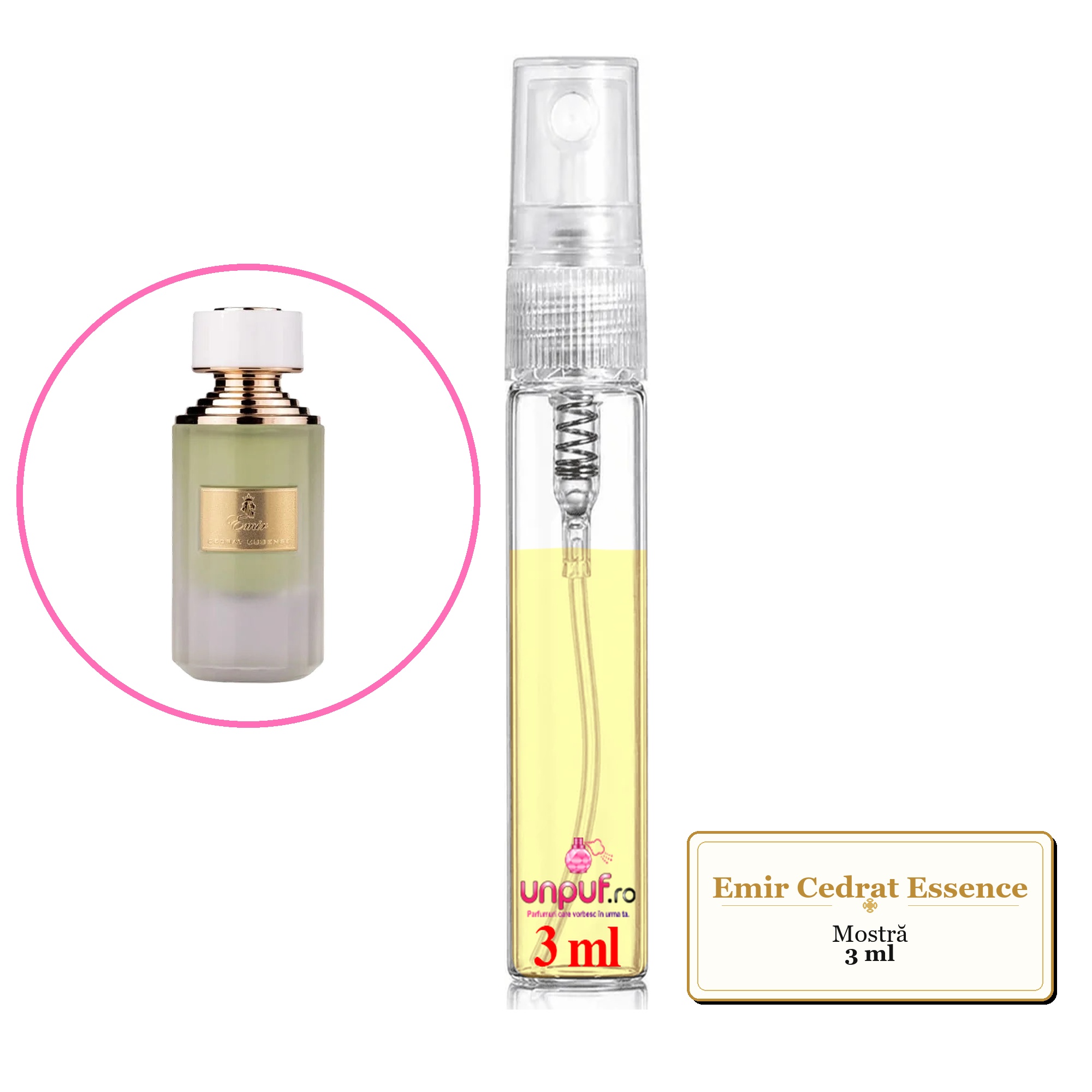Mostra fiola din Parfumul Emir Cedrat Essence, decant sticla cu pulverizator