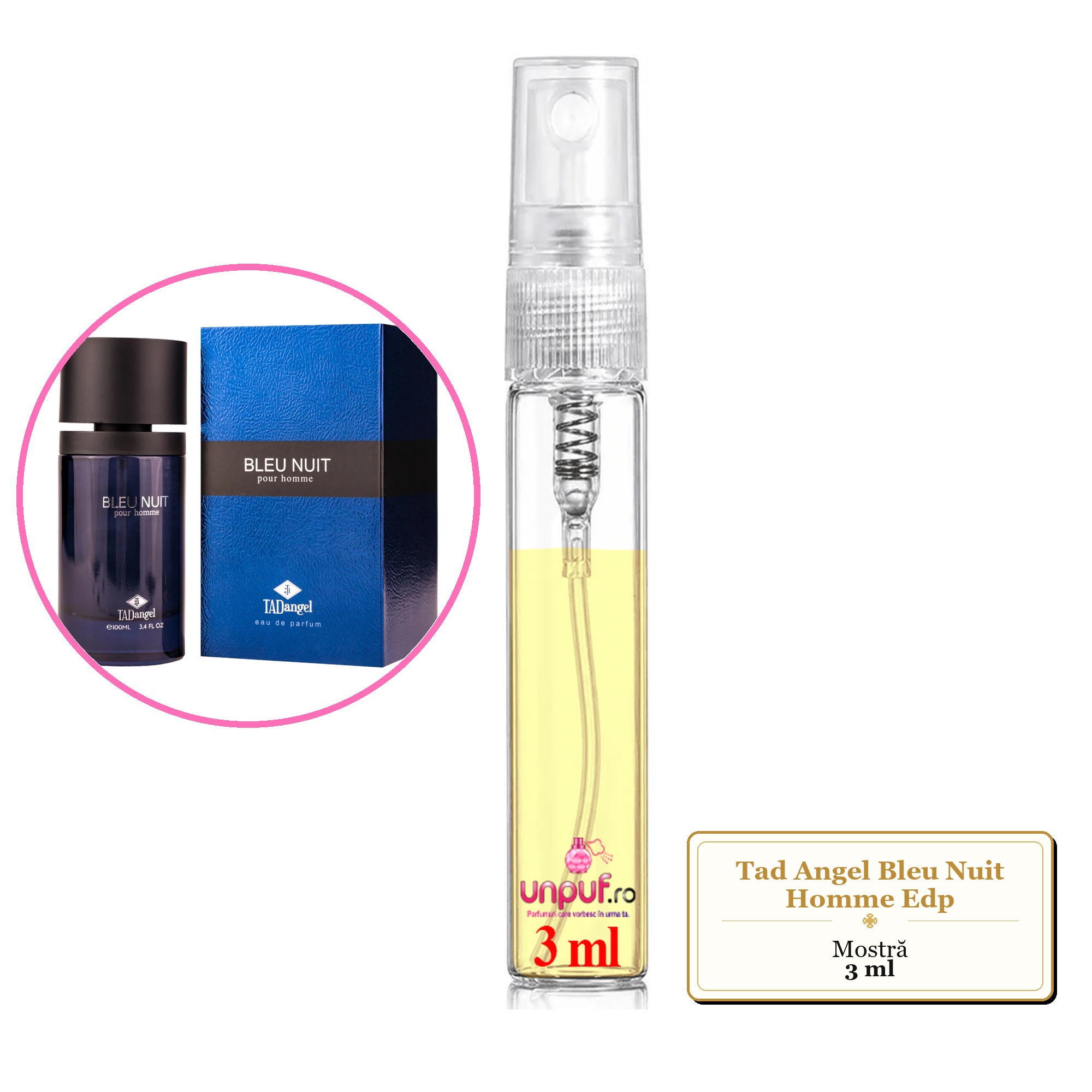 Mostra fiola din Parfumul Tad Angel Bleu Nuit Homme Edp, decant sticla cu pulverizator 