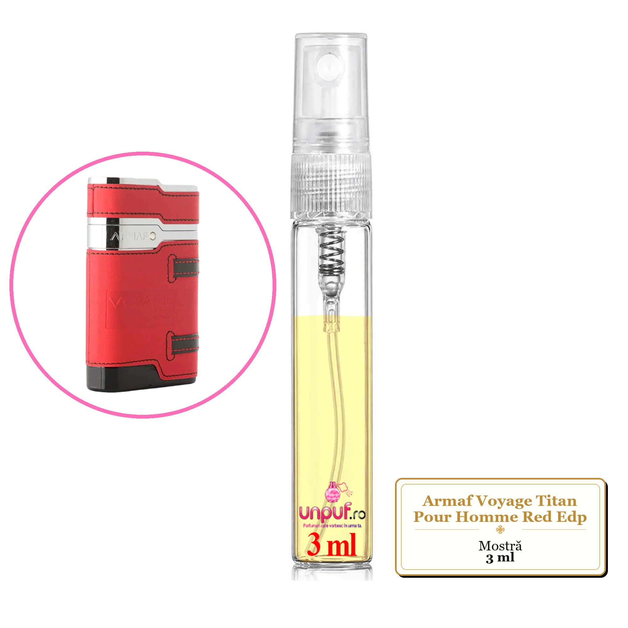 Mostra fiola din Parfumul Armaf Voyage Titan Pour Homme Red Edp, decant sticla cu pulverizator 
