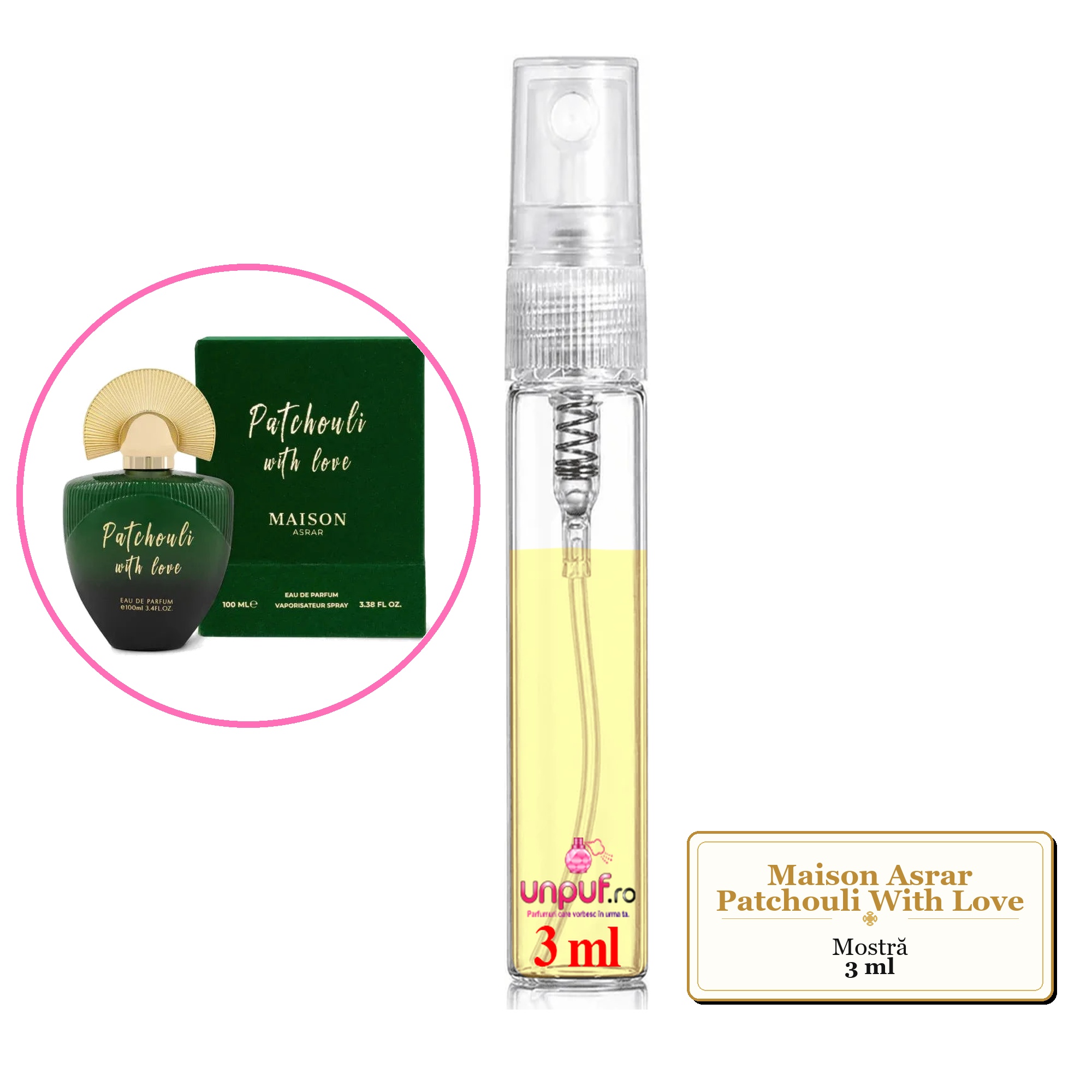 Mostra fiola din Parfumul Maison Asrar Patchouli With Love, decant sticla cu pulverizator
